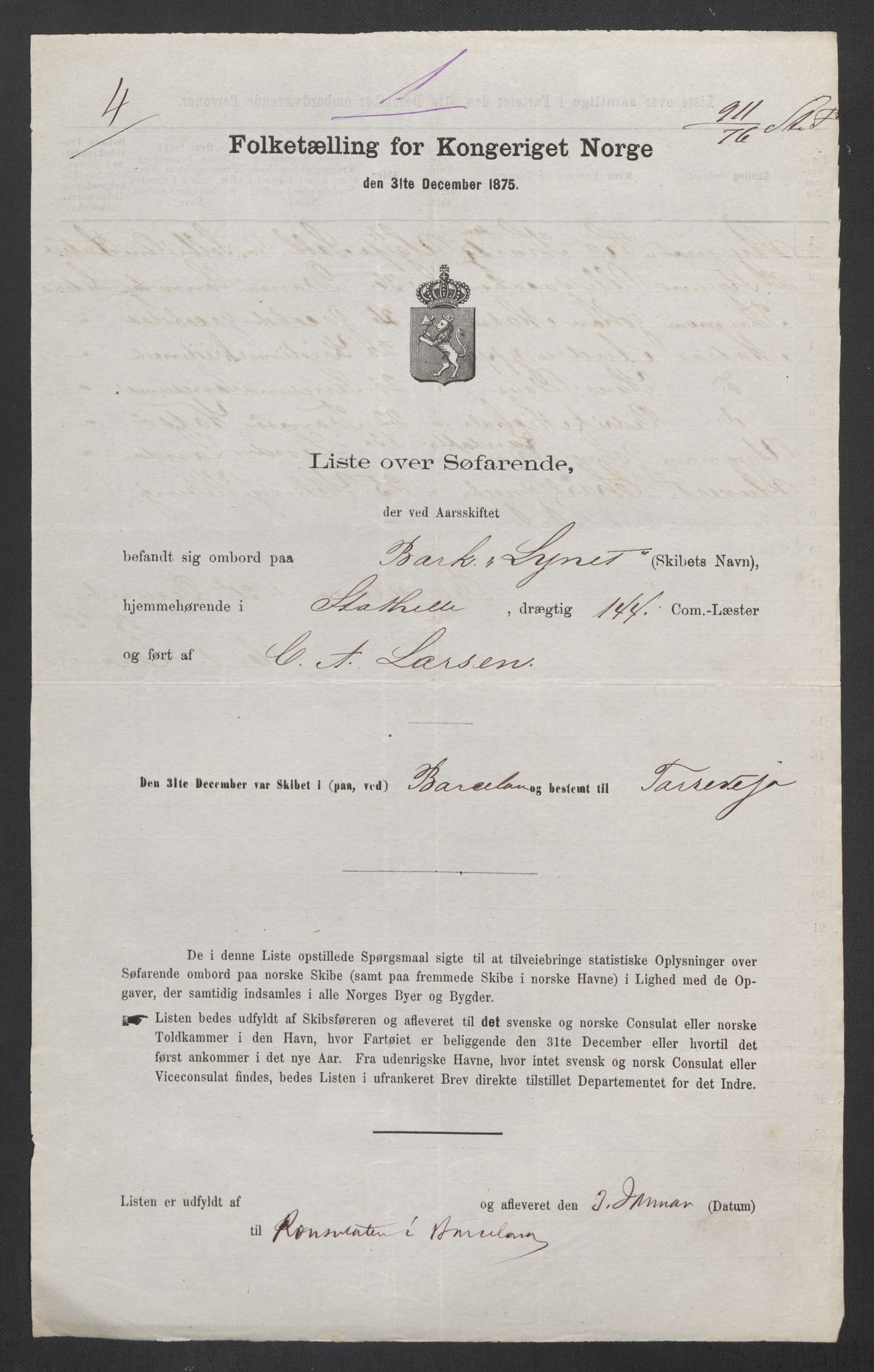 RA, Folketelling 1875, skipslister: Skip i utenrikske havner, hjemmehørende i byer og ladesteder, Fredrikshald - Arendal, 1875, s. 773