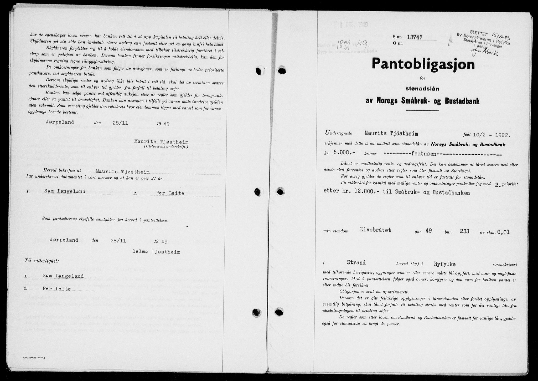 Ryfylke tingrett, SAST/A-100055/001/II/IIB/L0107: Pantebok nr. 86, 1949-1960, Dagboknr: 1892/1949