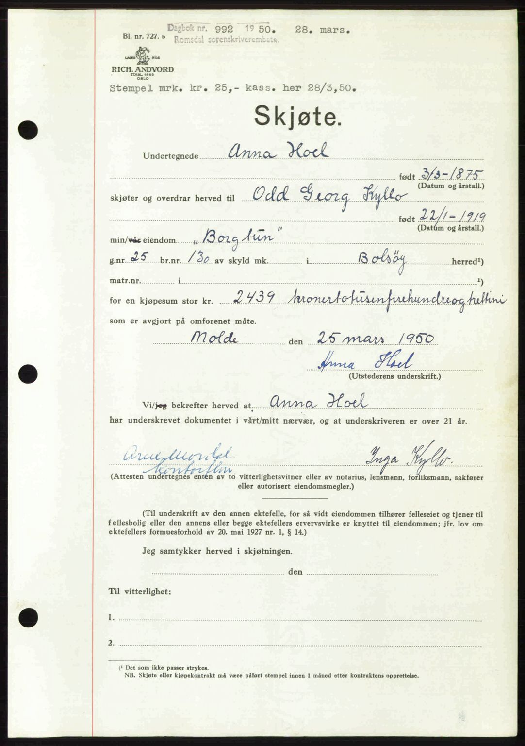 Romsdal sorenskriveri, SAT/A-4149/1/2/2C: Pantebok nr. A33, 1950-1950, Dagboknr: 992/1950