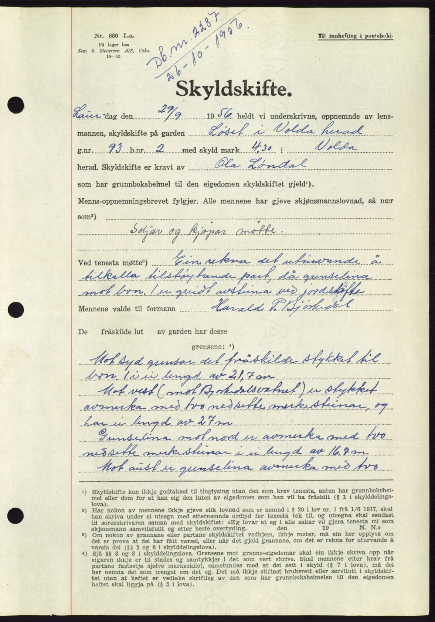 Søre Sunnmøre sorenskriveri, AV/SAT-A-4122/1/2/2C/L0104: Pantebok nr. 30A, 1956-1956, Dagboknr: 2287/1956
