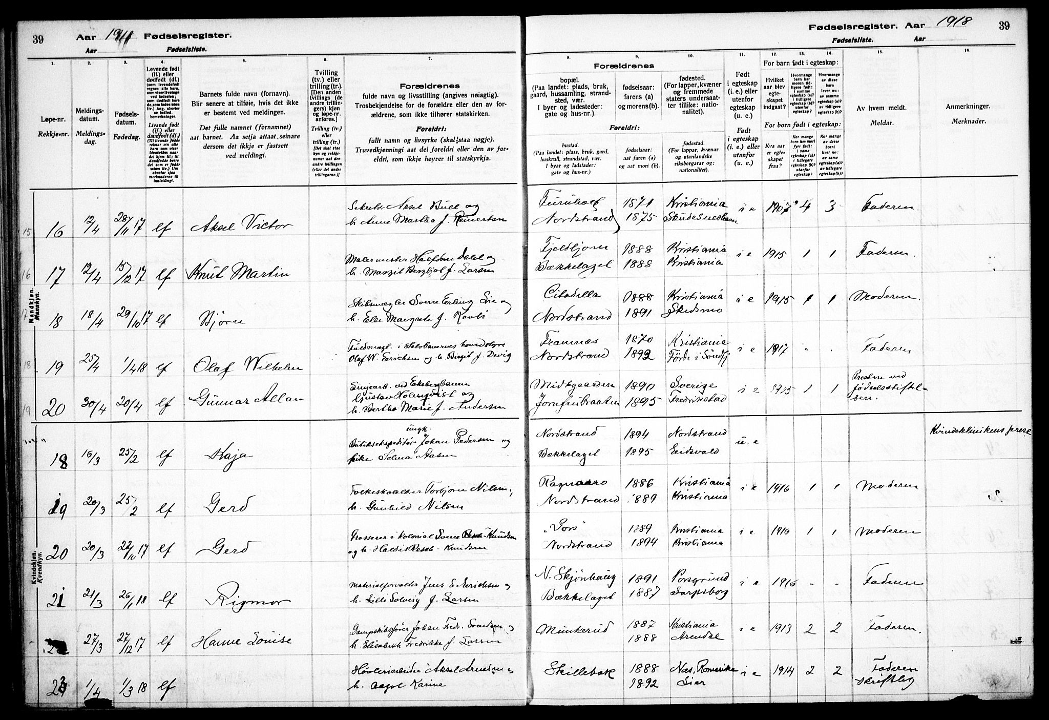 Nordstrand prestekontor Kirkebøker, AV/SAO-A-10362a/J/Ja/L0001: Fødselsregister nr. I 1, 1916-1924, s. 39