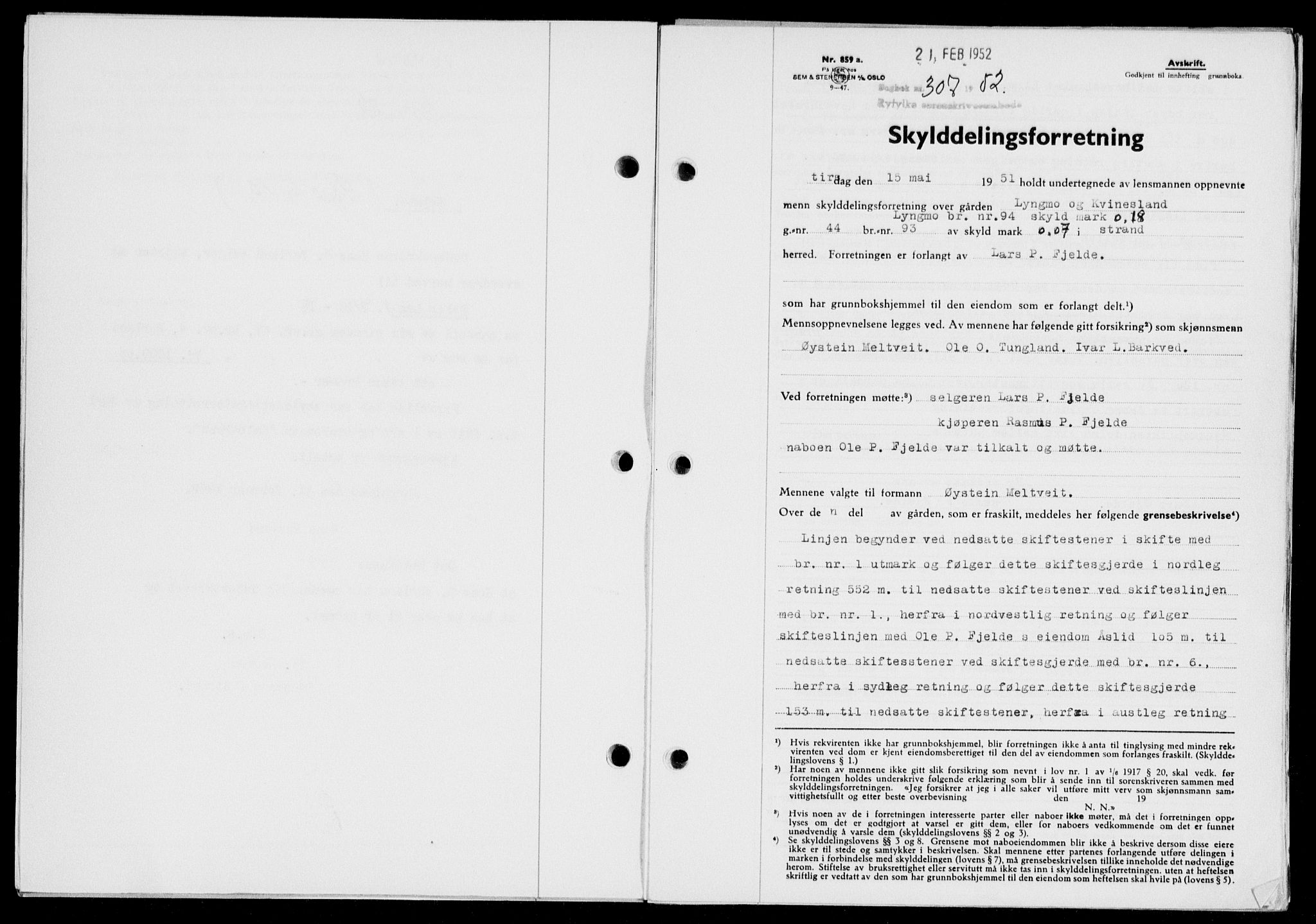 Ryfylke tingrett, SAST/A-100055/001/II/IIB/L0116: Pantebok nr. 95, 1951-1952, Dagboknr: 307/1952