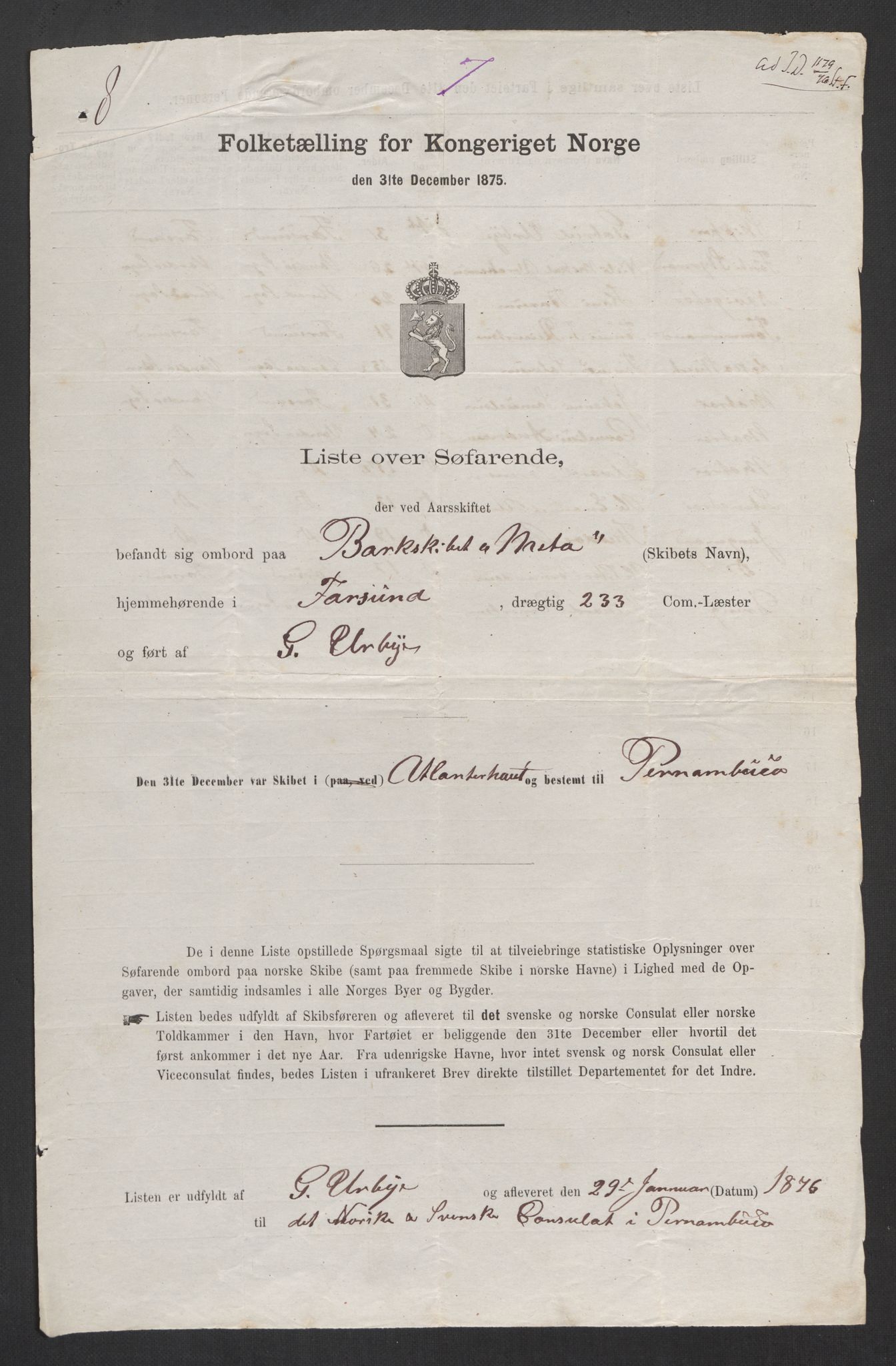 RA, Folketelling 1875, skipslister: Skip i utenrikske havner, hjemmehørende i 1) byer og ladesteder, Grimstad - Tromsø, 2) landdistrikter, 1875, s. 384