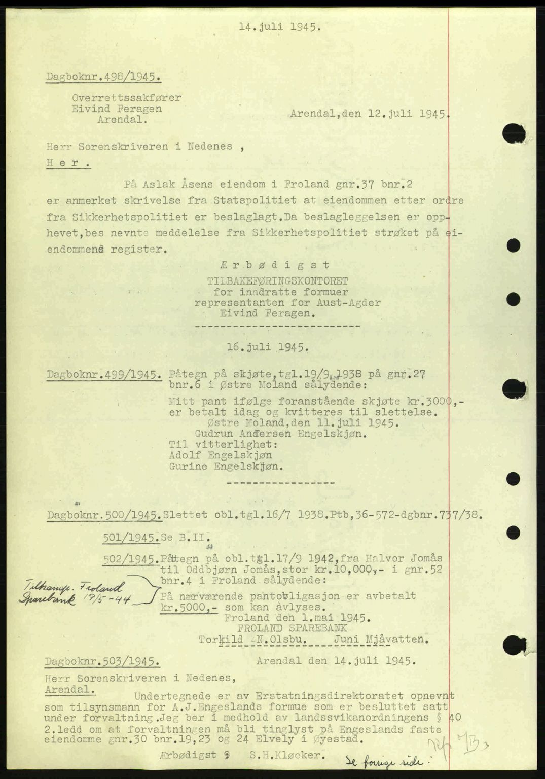 Nedenes sorenskriveri, SAK/1221-0006/G/Gb/Gba/L0052: Pantebok nr. A6a, 1944-1945, Dagboknr: 498/1945
