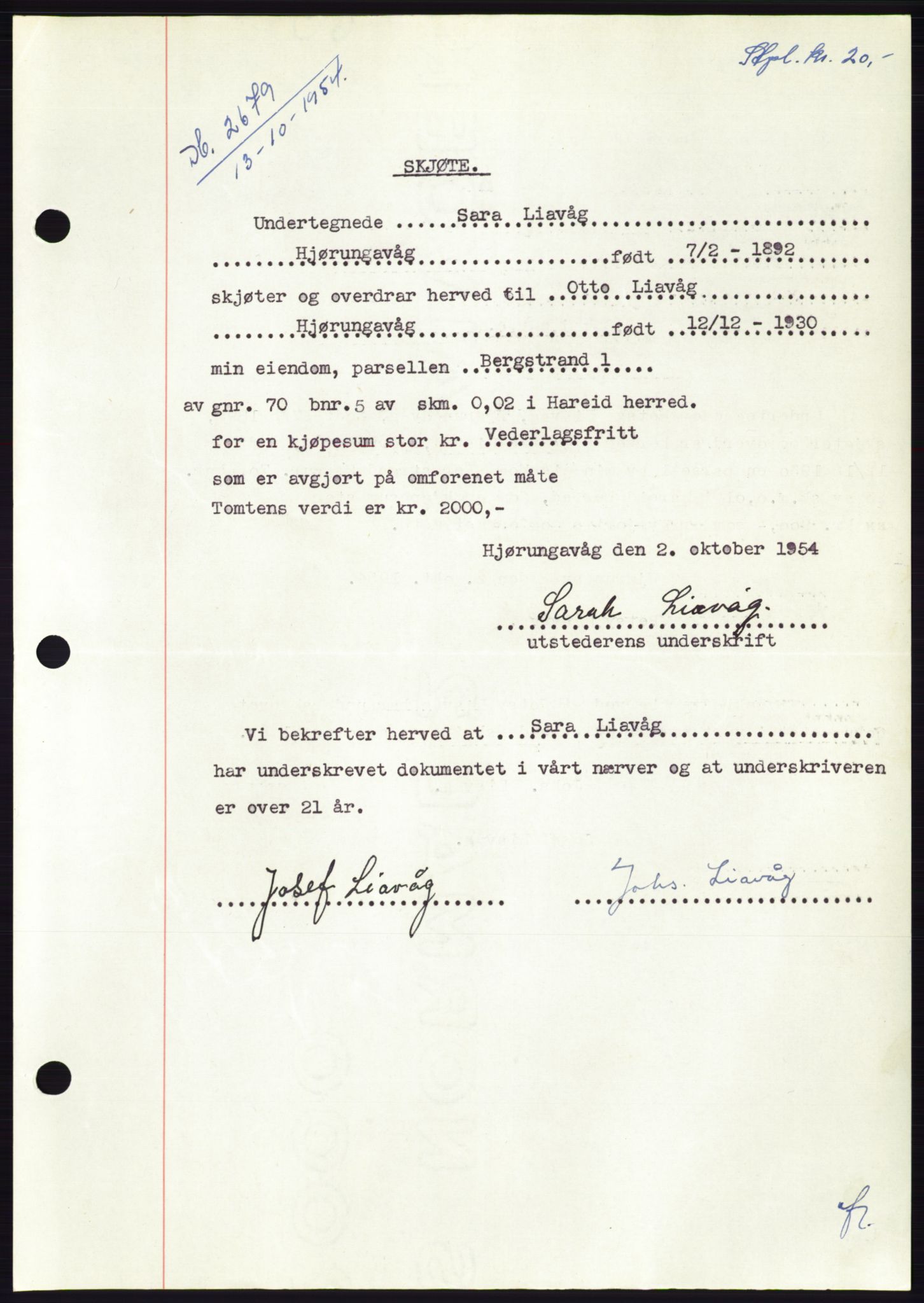 Søre Sunnmøre sorenskriveri, AV/SAT-A-4122/1/2/2C/L0099: Pantebok nr. 25A, 1954-1954, Dagboknr: 2679/1954
