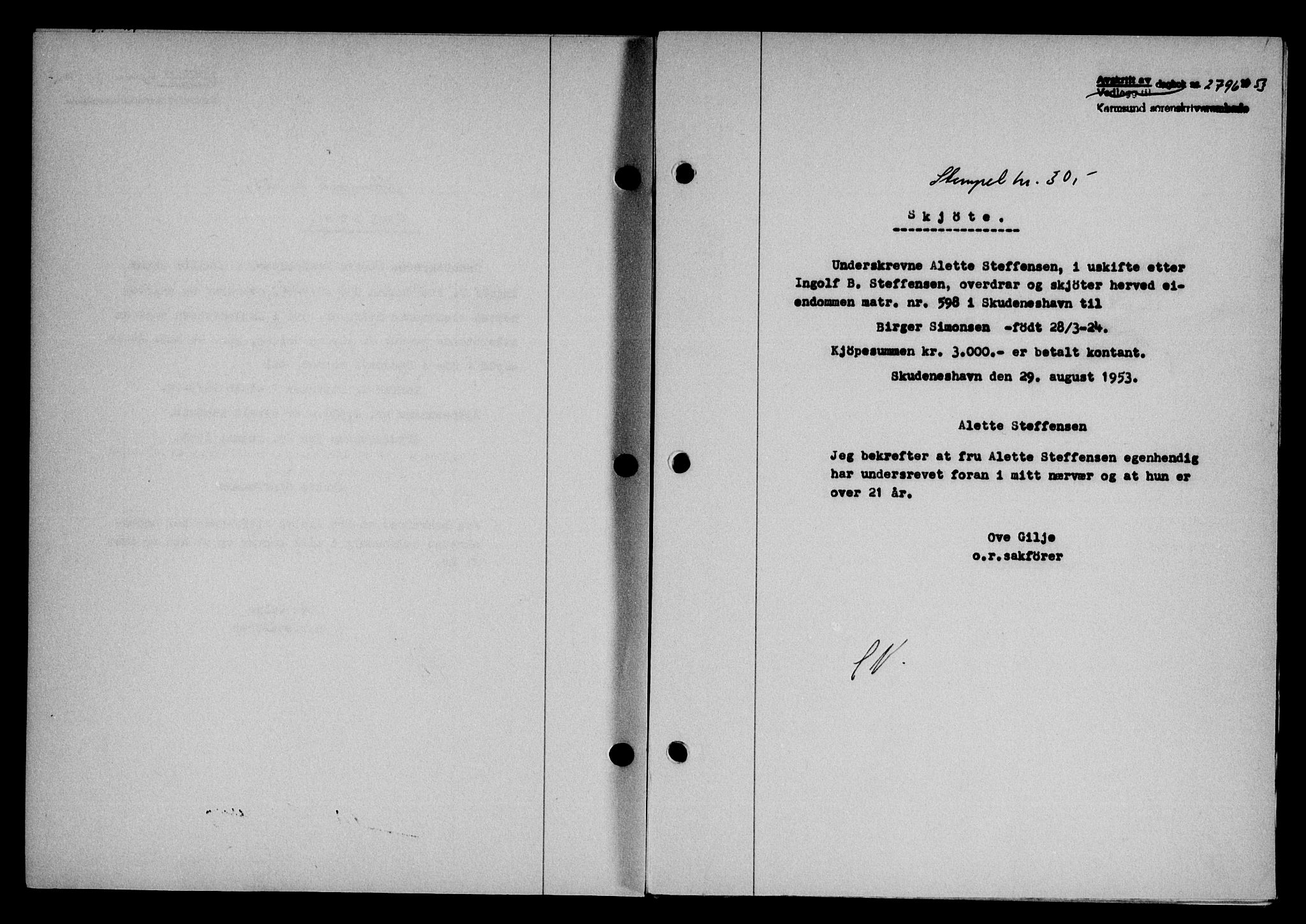 Karmsund sorenskriveri, SAST/A-100311/01/II/IIB/L0109: Pantebok nr. 89A, 1953-1953, Dagboknr: 2796/1953