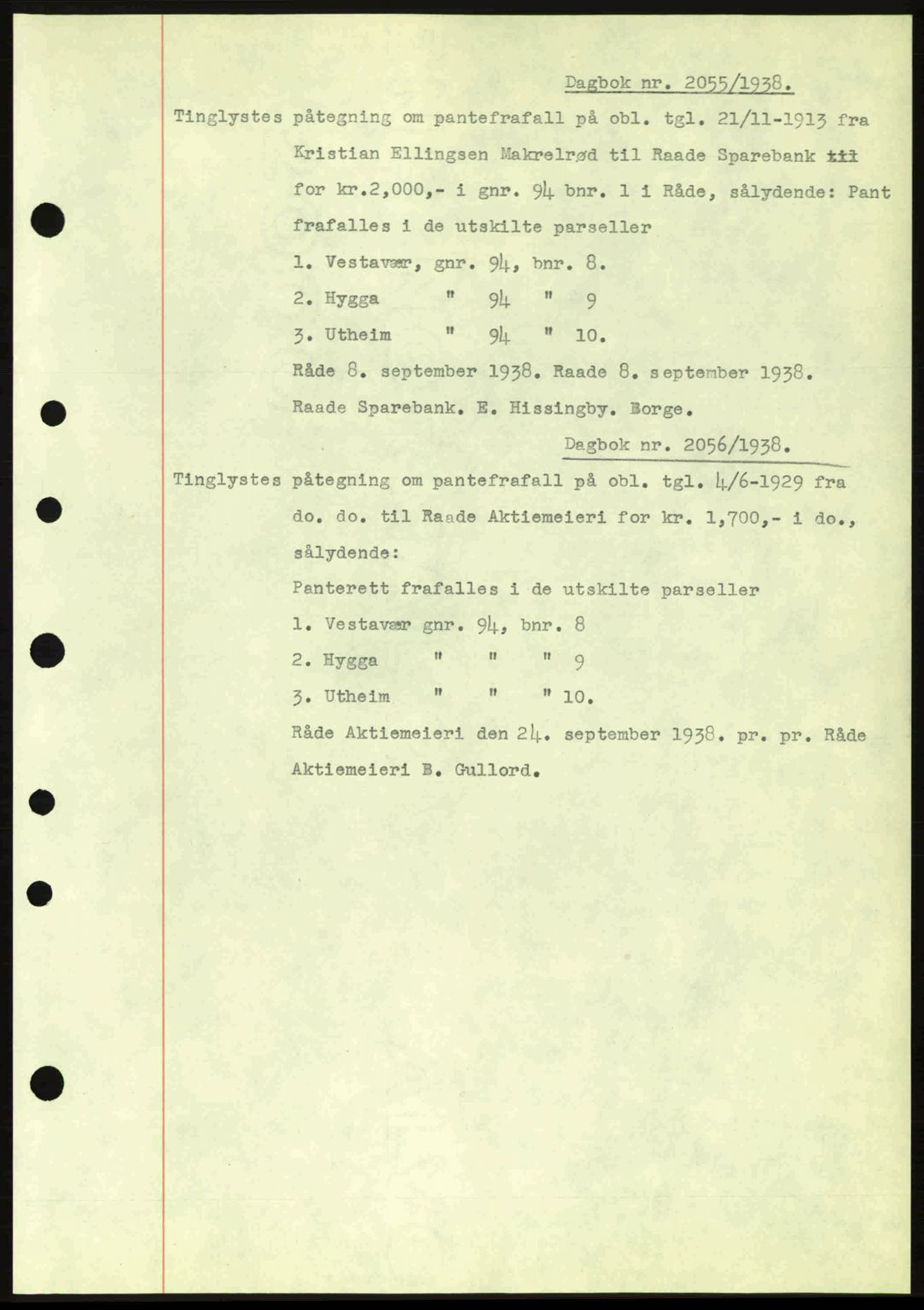 Moss sorenskriveri, SAO/A-10168: Pantebok nr. B6, 1938-1938, Dagboknr: 2055/1938