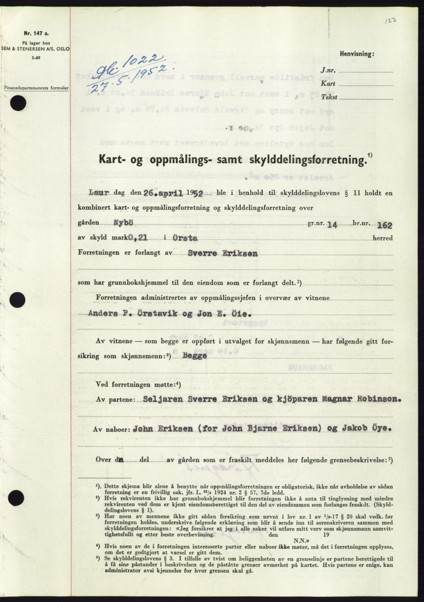 Søre Sunnmøre sorenskriveri, AV/SAT-A-4122/1/2/2C/L0092: Pantebok nr. 18A, 1952-1952, Dagboknr: 1022/1952