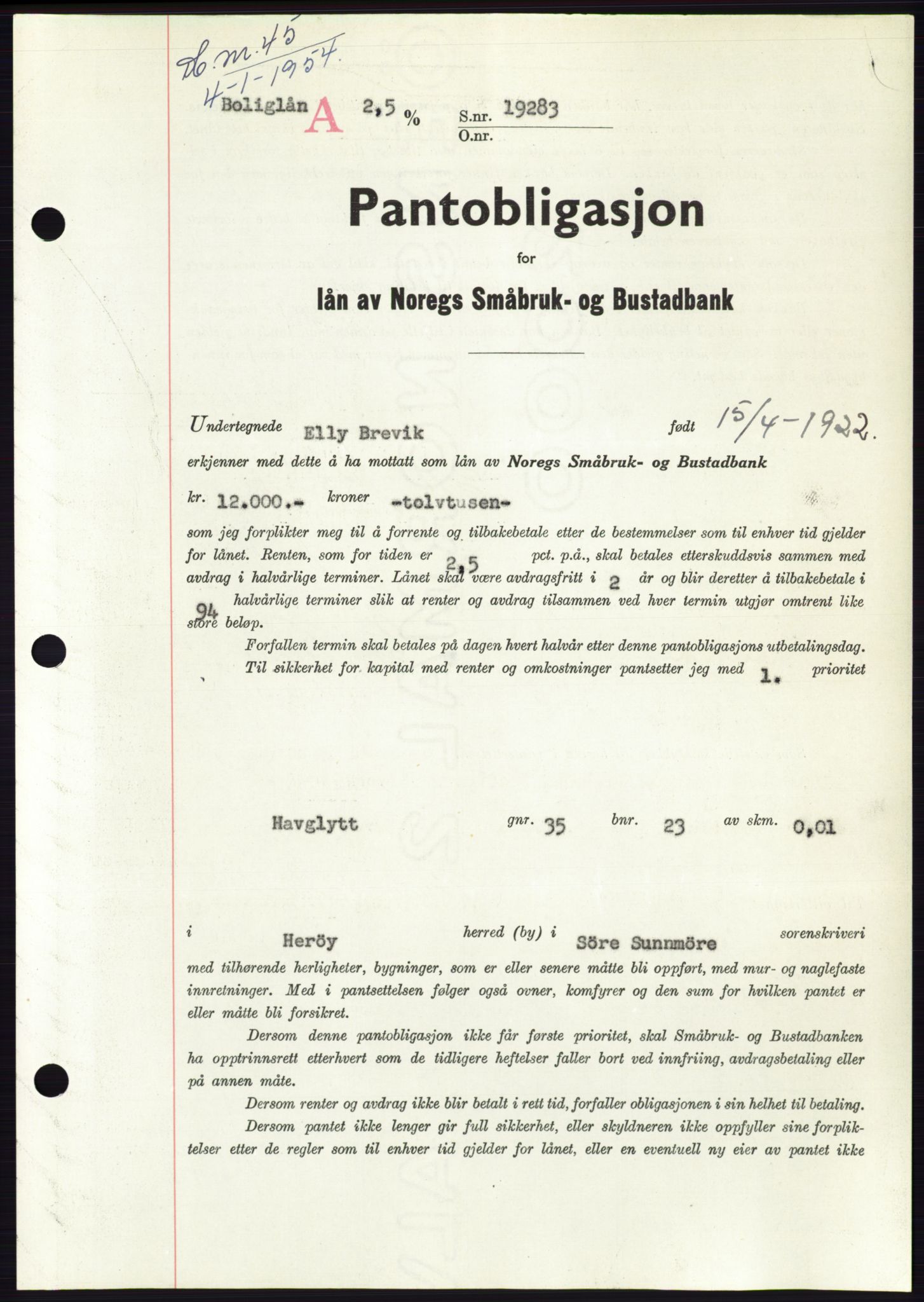 Søre Sunnmøre sorenskriveri, AV/SAT-A-4122/1/2/2C/L0124: Pantebok nr. 12B, 1953-1954, Dagboknr: 45/1954