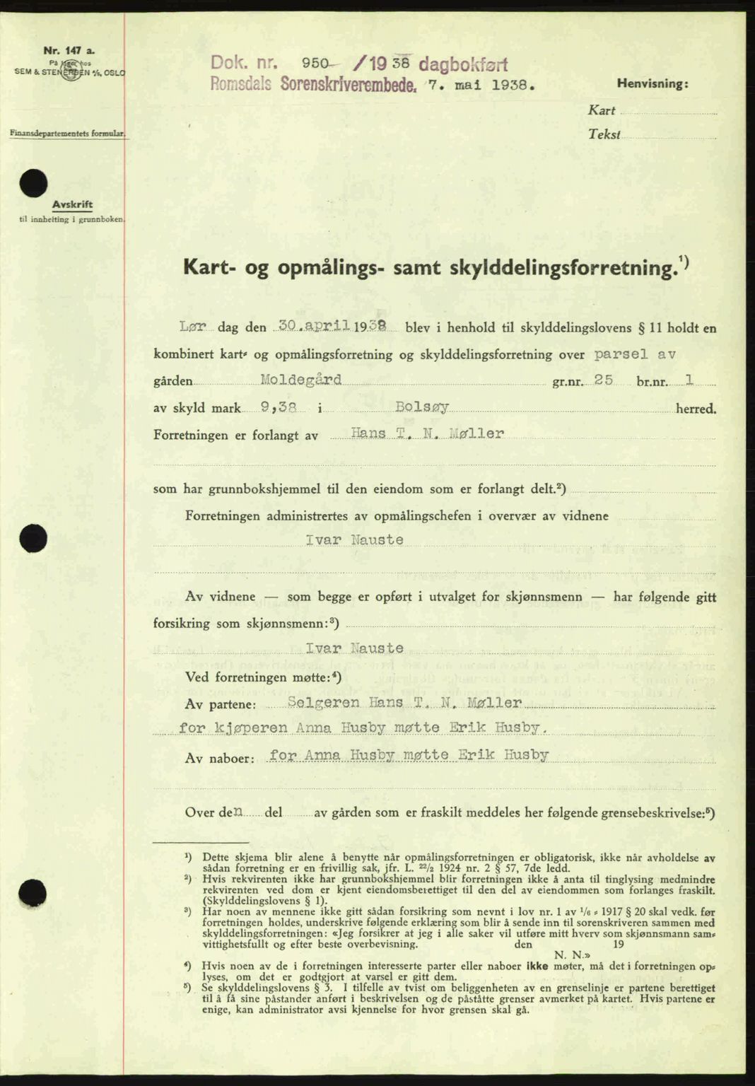 Romsdal sorenskriveri, SAT/A-4149/1/2/2C: Pantebok nr. A5, 1938-1938, Dagboknr: 950/1938