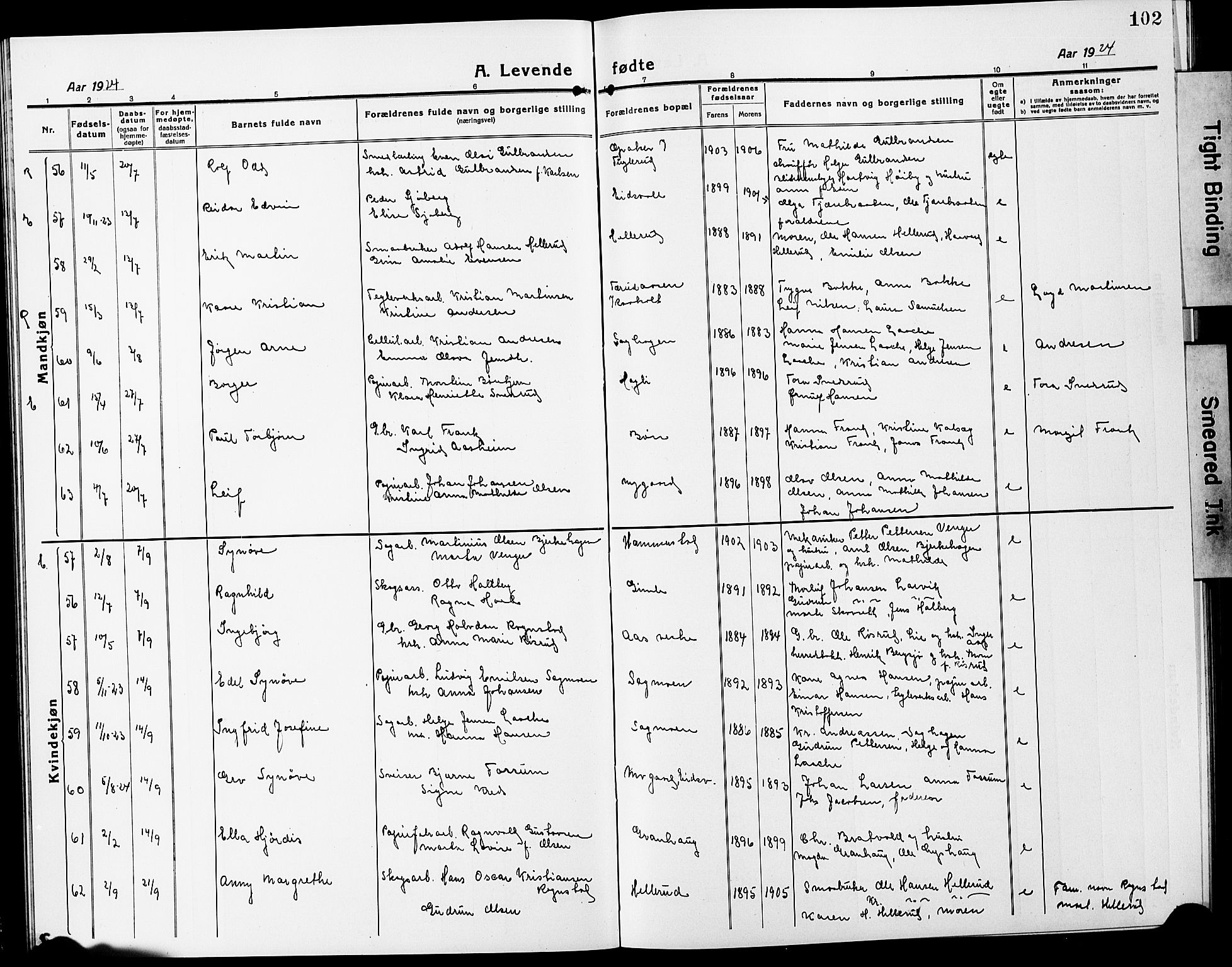 Eidsvoll prestekontor Kirkebøker, SAO/A-10888/G/Ga/L0010: Klokkerbok nr. I 10, 1919-1929, s. 102