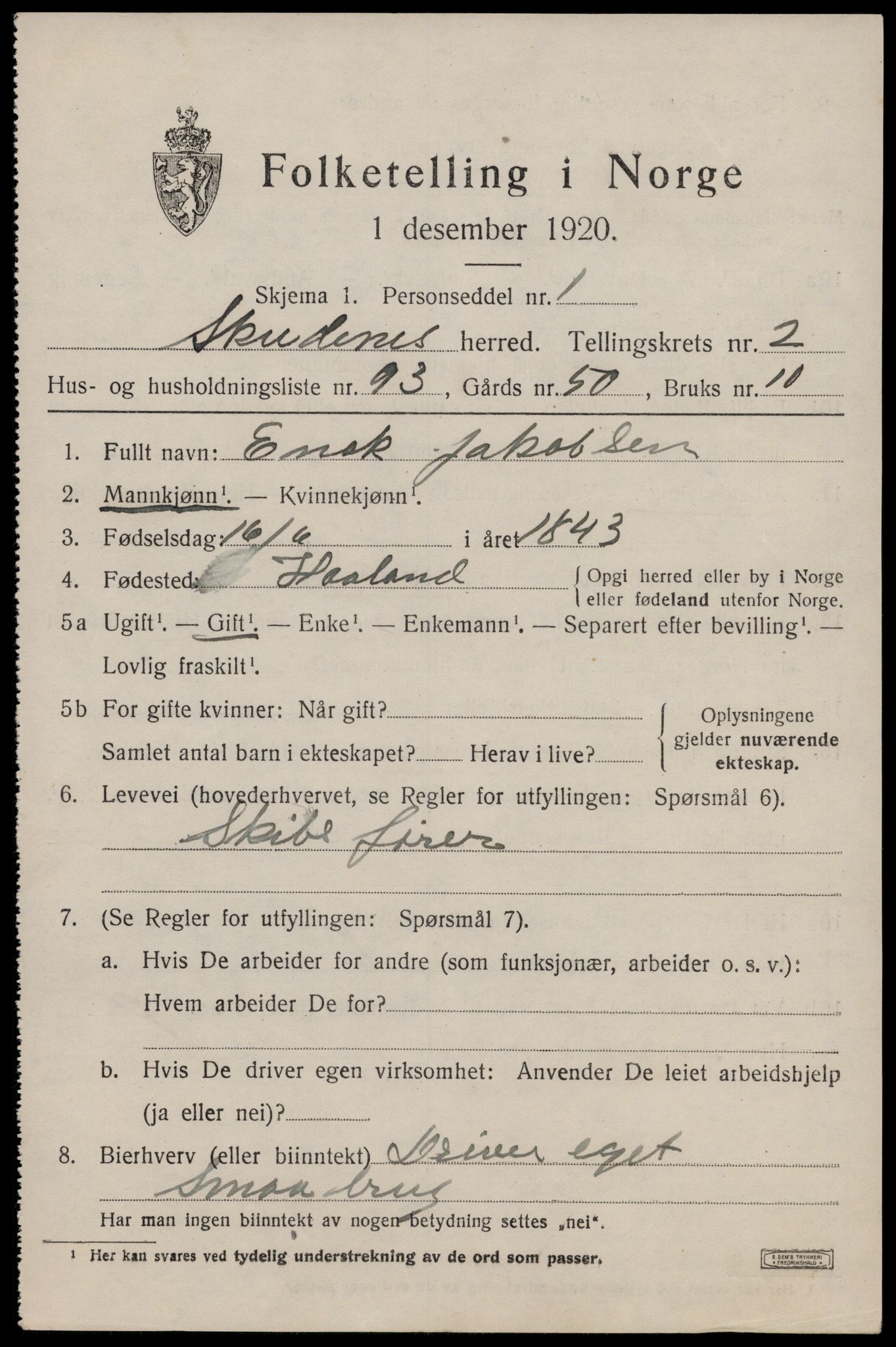 SAST, Folketelling 1920 for 1150 Skudenes herred, 1920, s. 2440