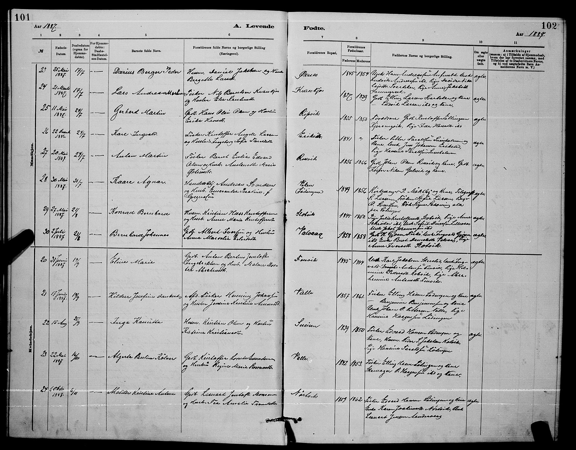 Ministerialprotokoller, klokkerbøker og fødselsregistre - Nordland, AV/SAT-A-1459/872/L1047: Klokkerbok nr. 872C03, 1880-1897, s. 101-102