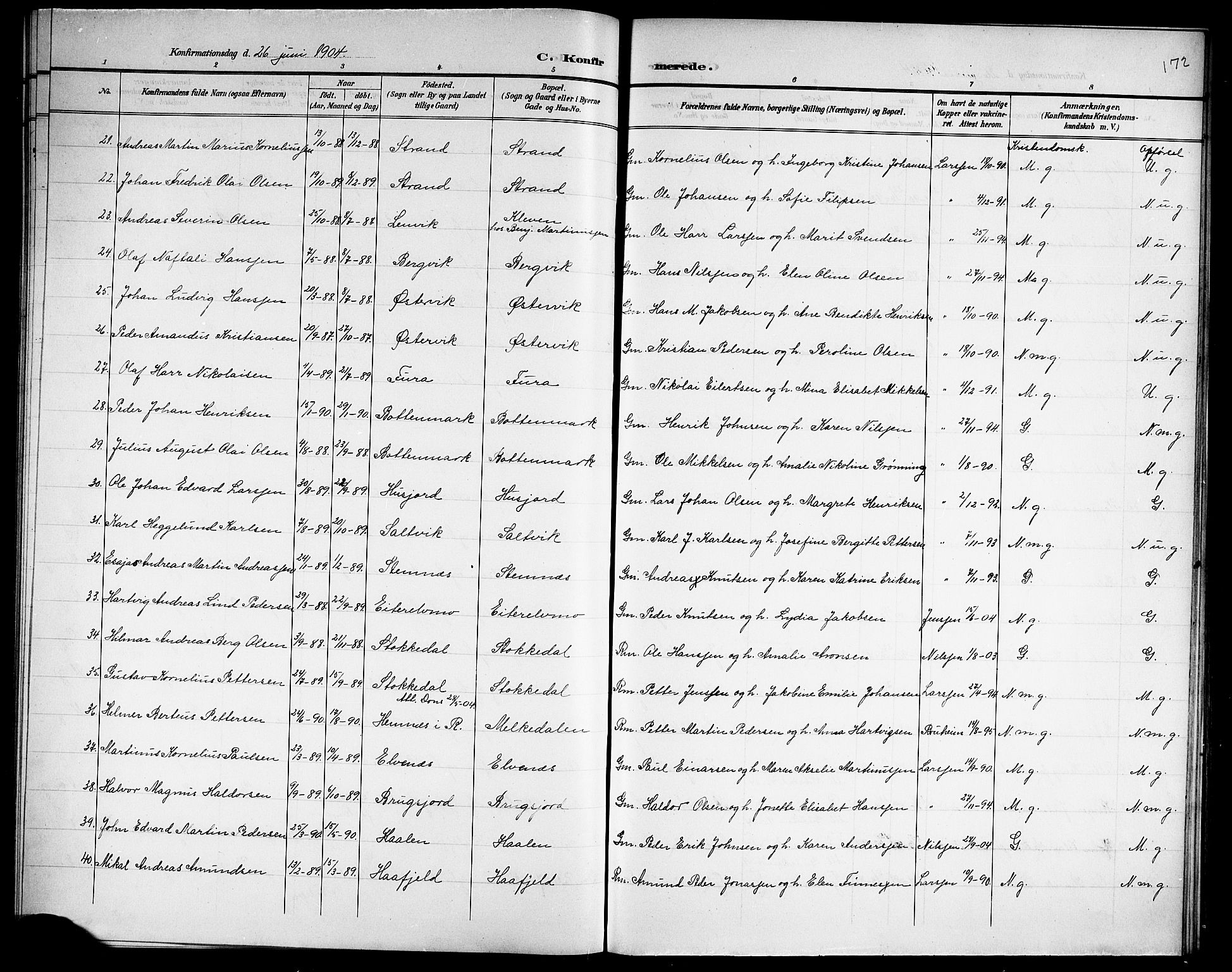 Ministerialprotokoller, klokkerbøker og fødselsregistre - Nordland, AV/SAT-A-1459/863/L0915: Klokkerbok nr. 863C05, 1898-1907, s. 172