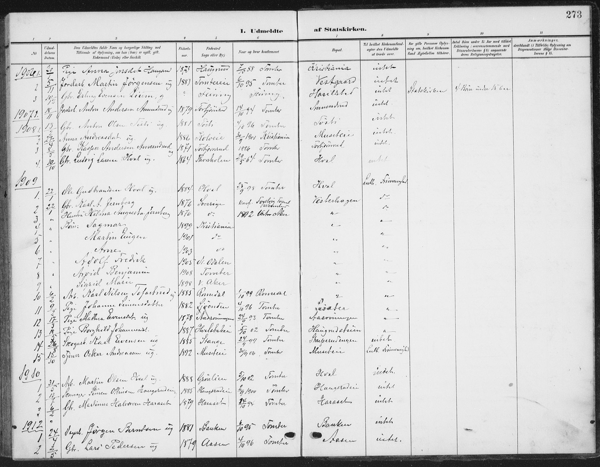 Romedal prestekontor, AV/SAH-PREST-004/K/L0009: Ministerialbok nr. 9, 1906-1929, s. 273