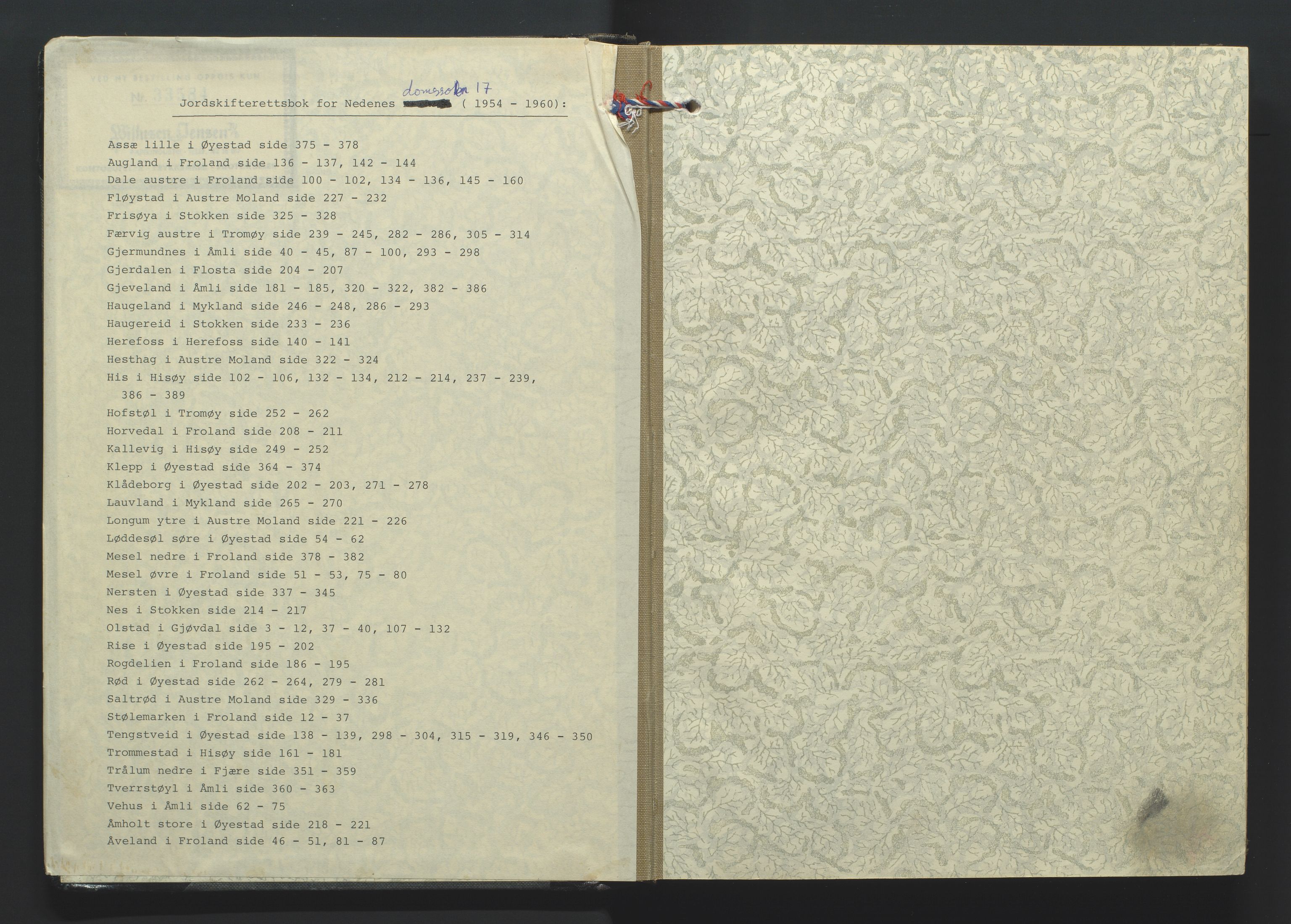 Nedenes jordskifterett, AV/SAK-1541-0007/F/Fa/Faa/L0004: Jordskifteprotokoll med gårdsregister, Nedenes domssokn nr 17, 1954-1960