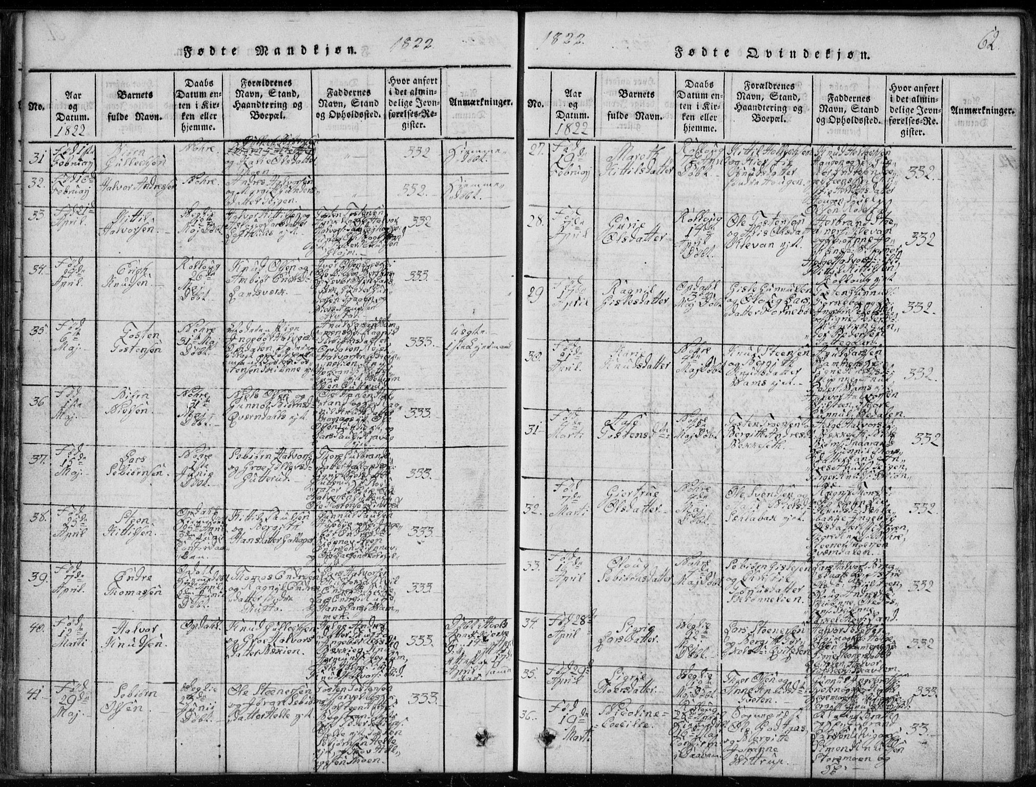 Rollag kirkebøker, AV/SAKO-A-240/G/Ga/L0001: Klokkerbok nr. I 1, 1814-1831, s. 62