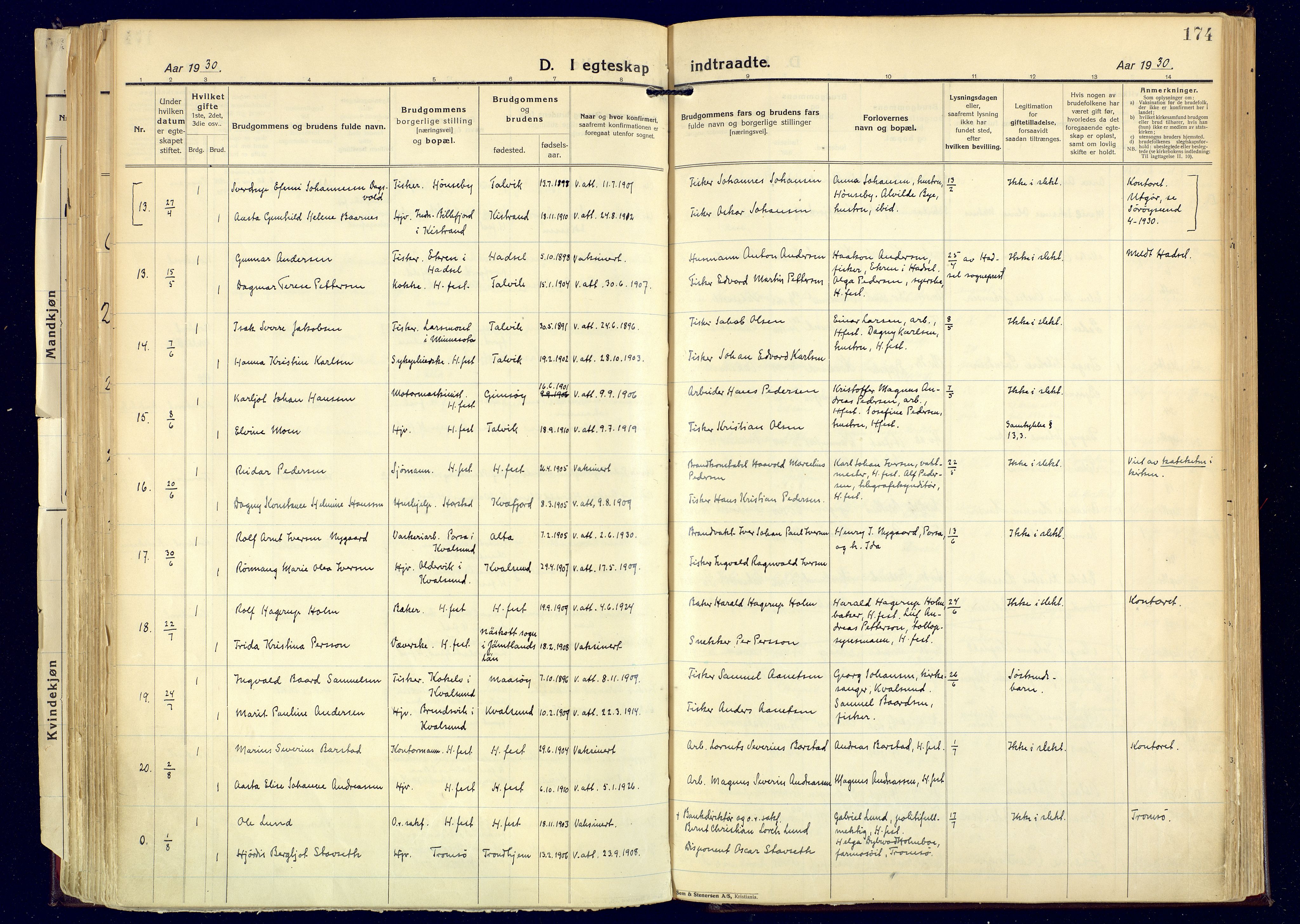 Hammerfest sokneprestkontor, SATØ/S-1347: Ministerialbok nr. 17, 1923-1933, s. 174