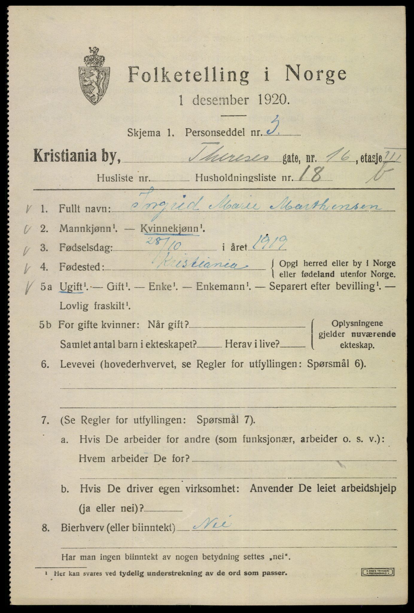 SAO, Folketelling 1920 for 0301 Kristiania kjøpstad, 1920, s. 567423