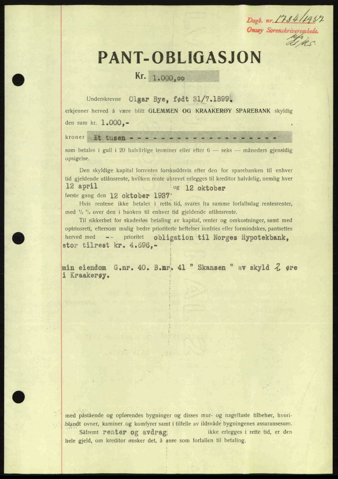 Onsøy sorenskriveri, SAO/A-10474/G/Ga/Gac/L0001: Pantebok nr. B1, 1936-1938, Dagboknr: 1784/1937