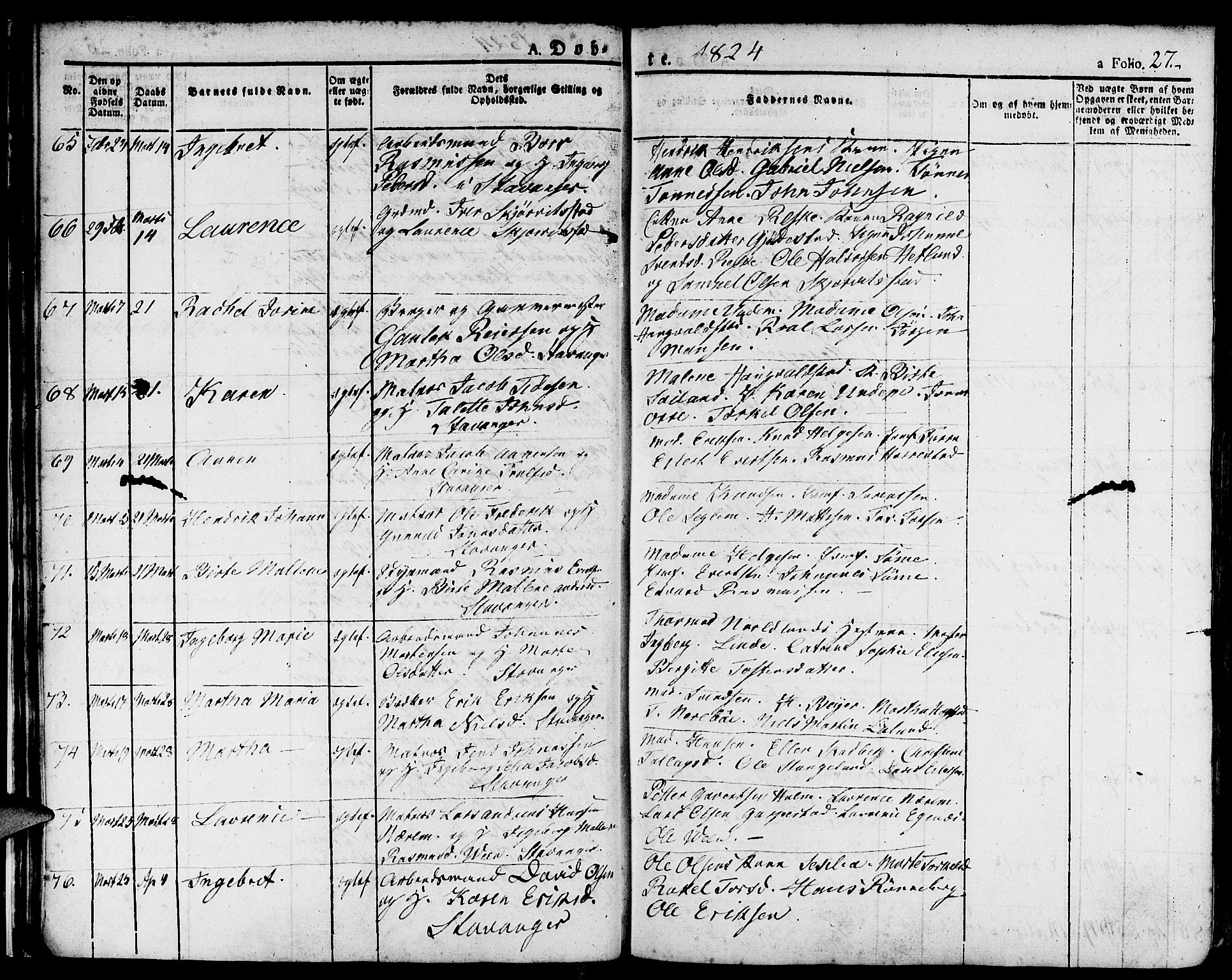 Domkirken sokneprestkontor, AV/SAST-A-101812/001/30/30BA/L0009: Ministerialbok nr. A 9, 1821-1832, s. 27