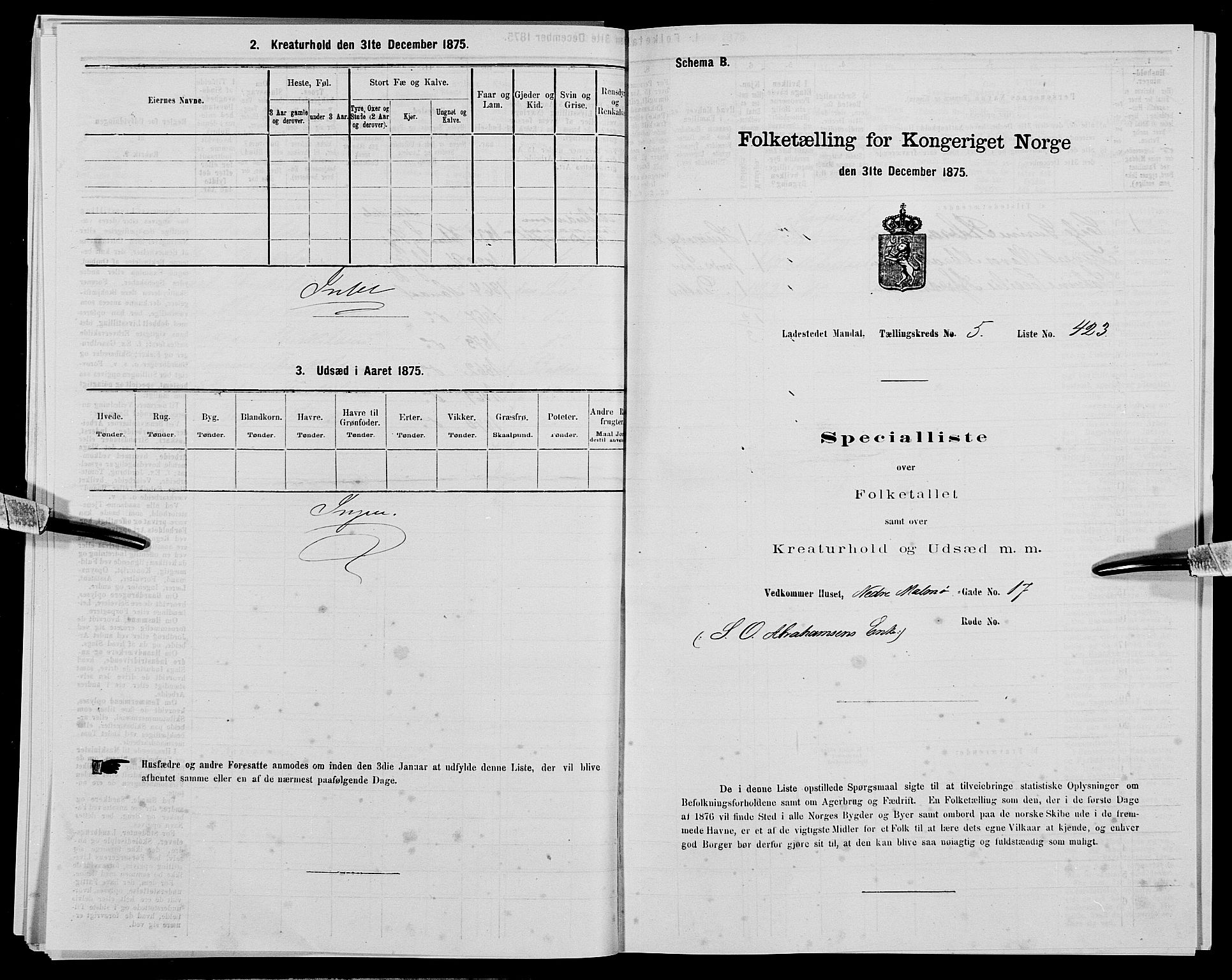 SAK, Folketelling 1875 for 1002B Mandal prestegjeld, Mandal ladested, 1875, s. 888