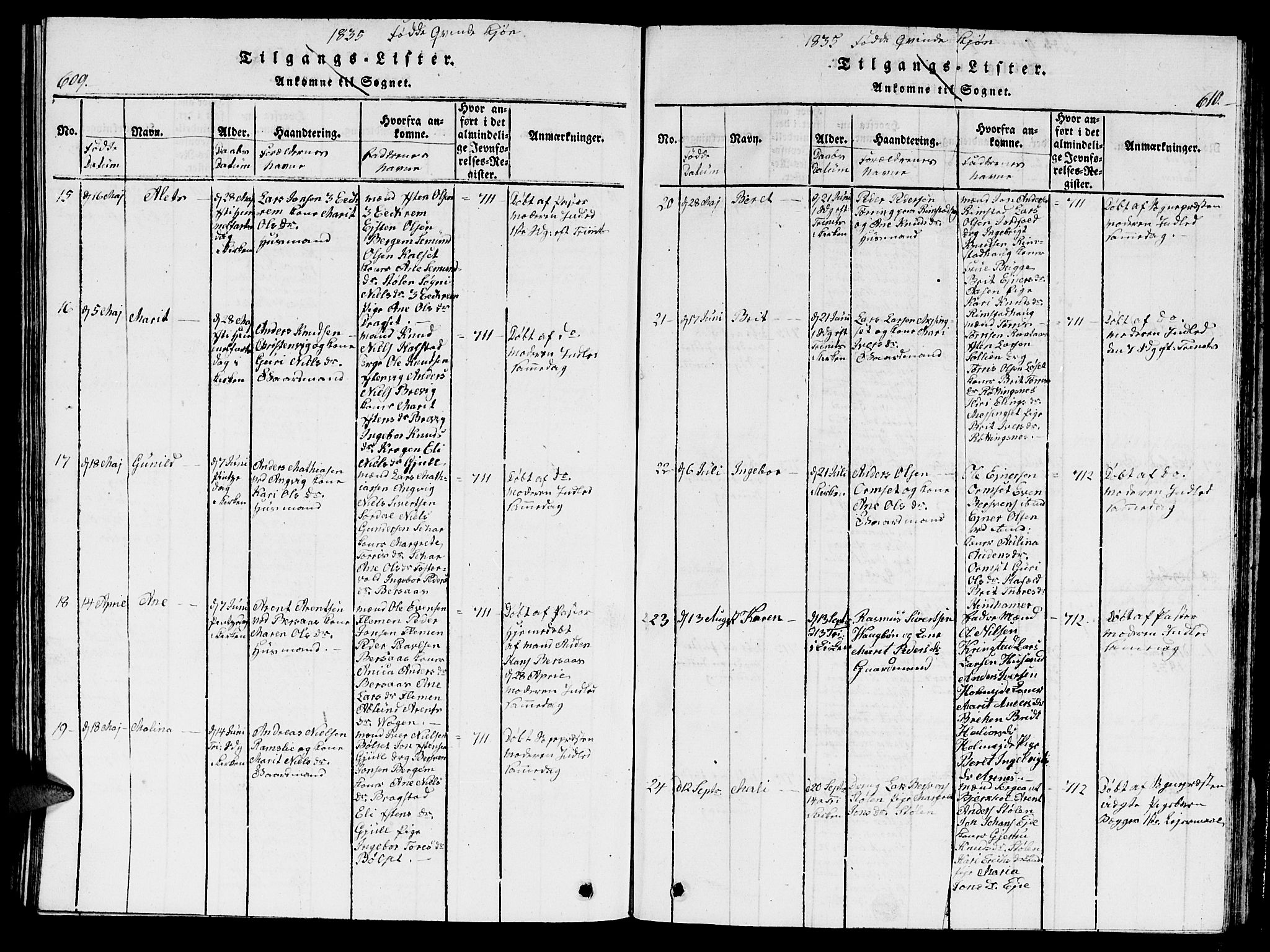 Ministerialprotokoller, klokkerbøker og fødselsregistre - Møre og Romsdal, AV/SAT-A-1454/586/L0990: Klokkerbok nr. 586C01, 1819-1837, s. 609-610