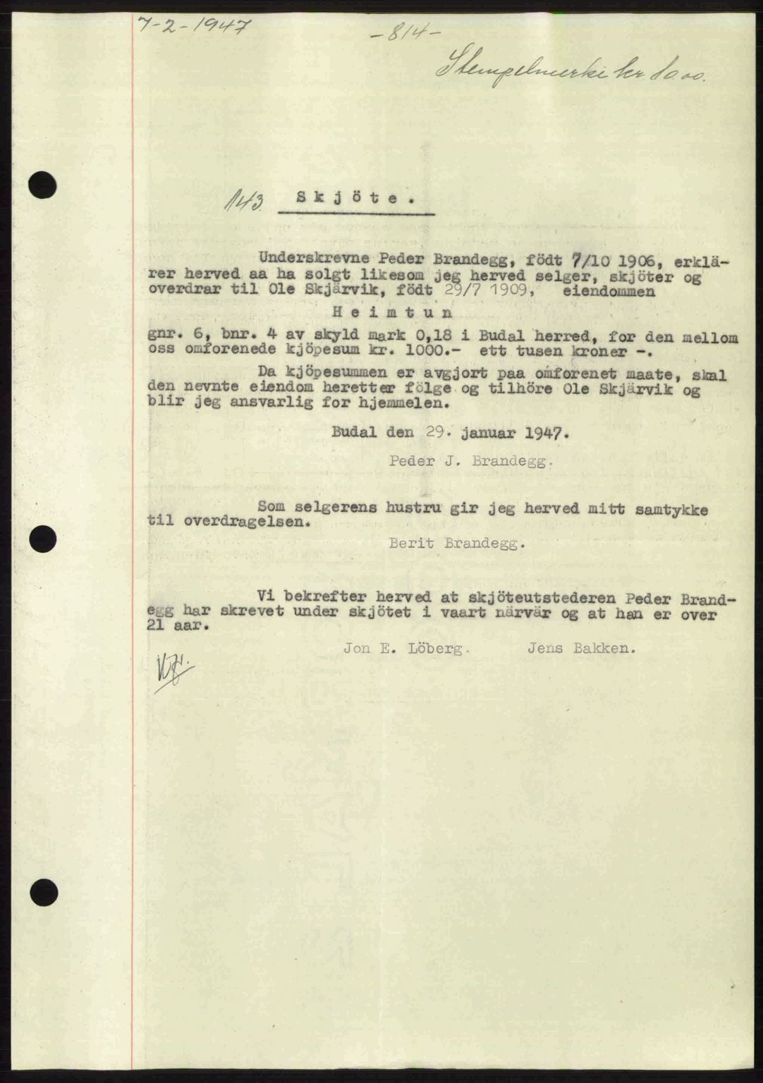 Gauldal sorenskriveri, SAT/A-0014/1/2/2C: Pantebok nr. A3, 1947-1947, Dagboknr: 143/1947