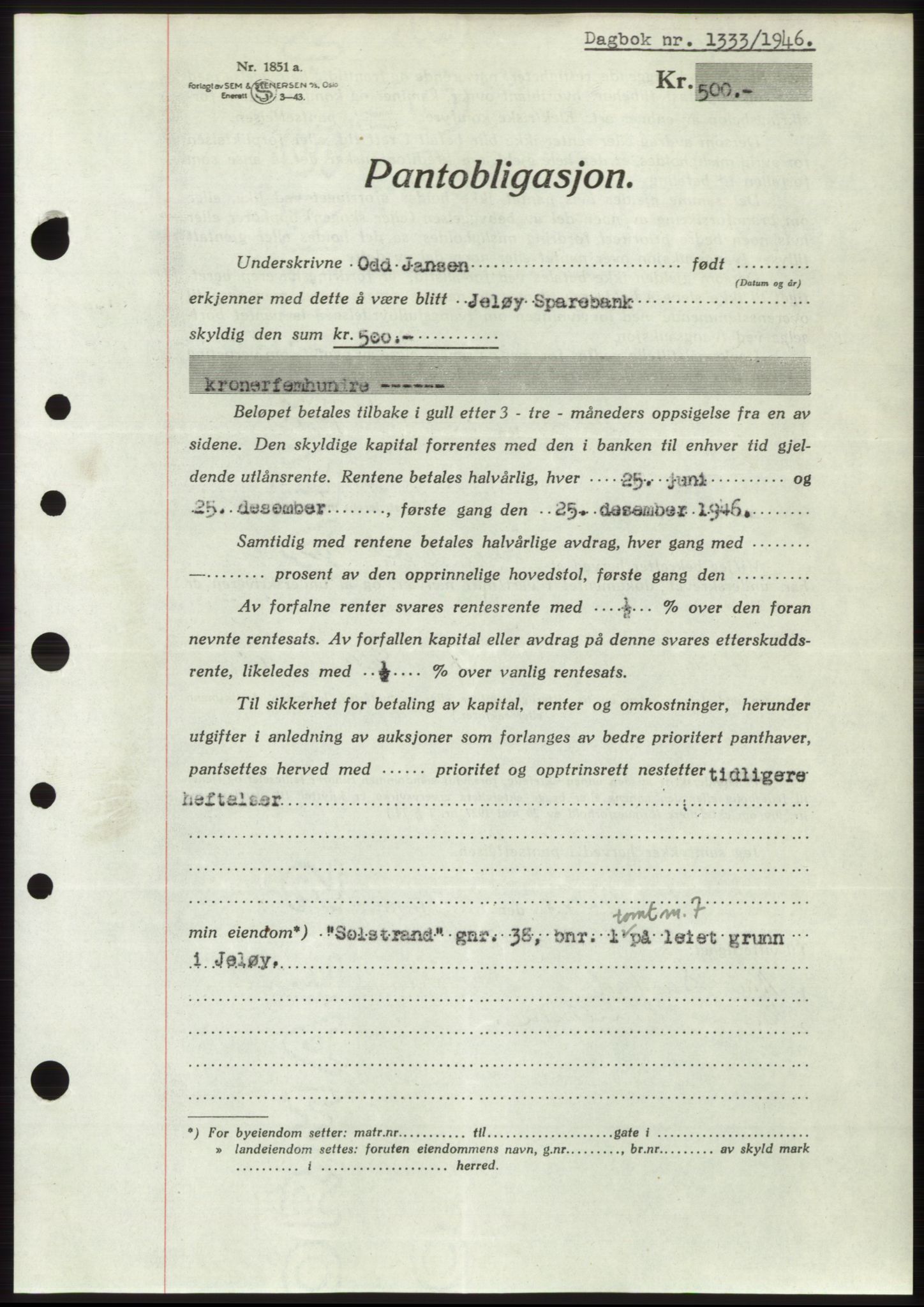 Moss sorenskriveri, SAO/A-10168: Pantebok nr. B15, 1946-1946, Dagboknr: 1333/1946
