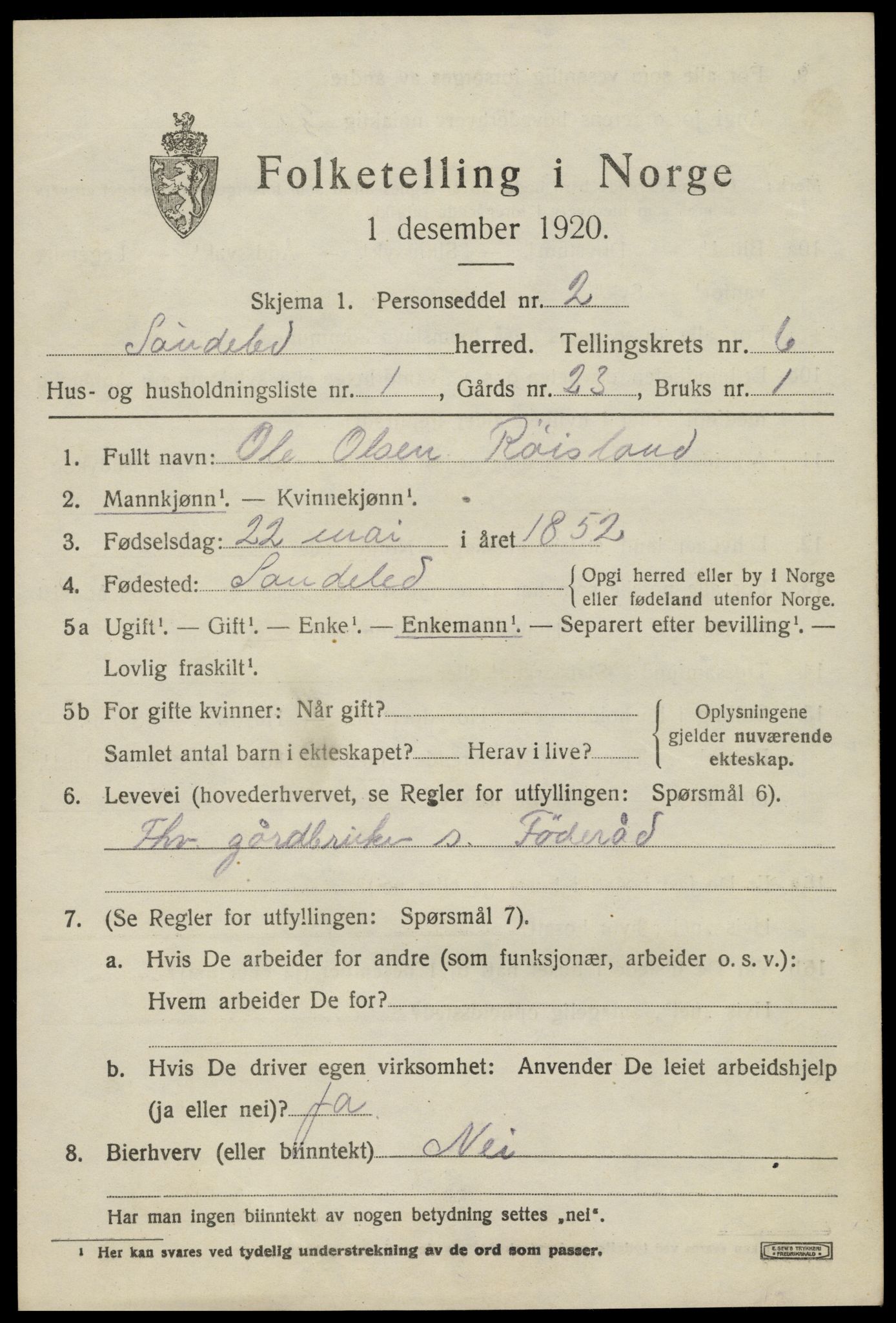 SAK, Folketelling 1920 for 0913 Søndeled herred, 1920, s. 3697