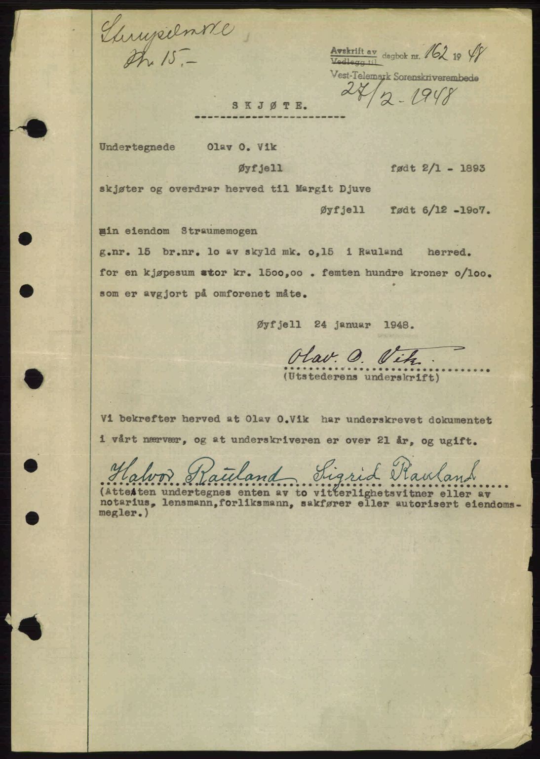 Vest-Telemark sorenskriveri, SAKO/A-134/G/Ga/Gac/L0008: Pantebok nr. A-8, 1947-1948, Dagboknr: 162/1948