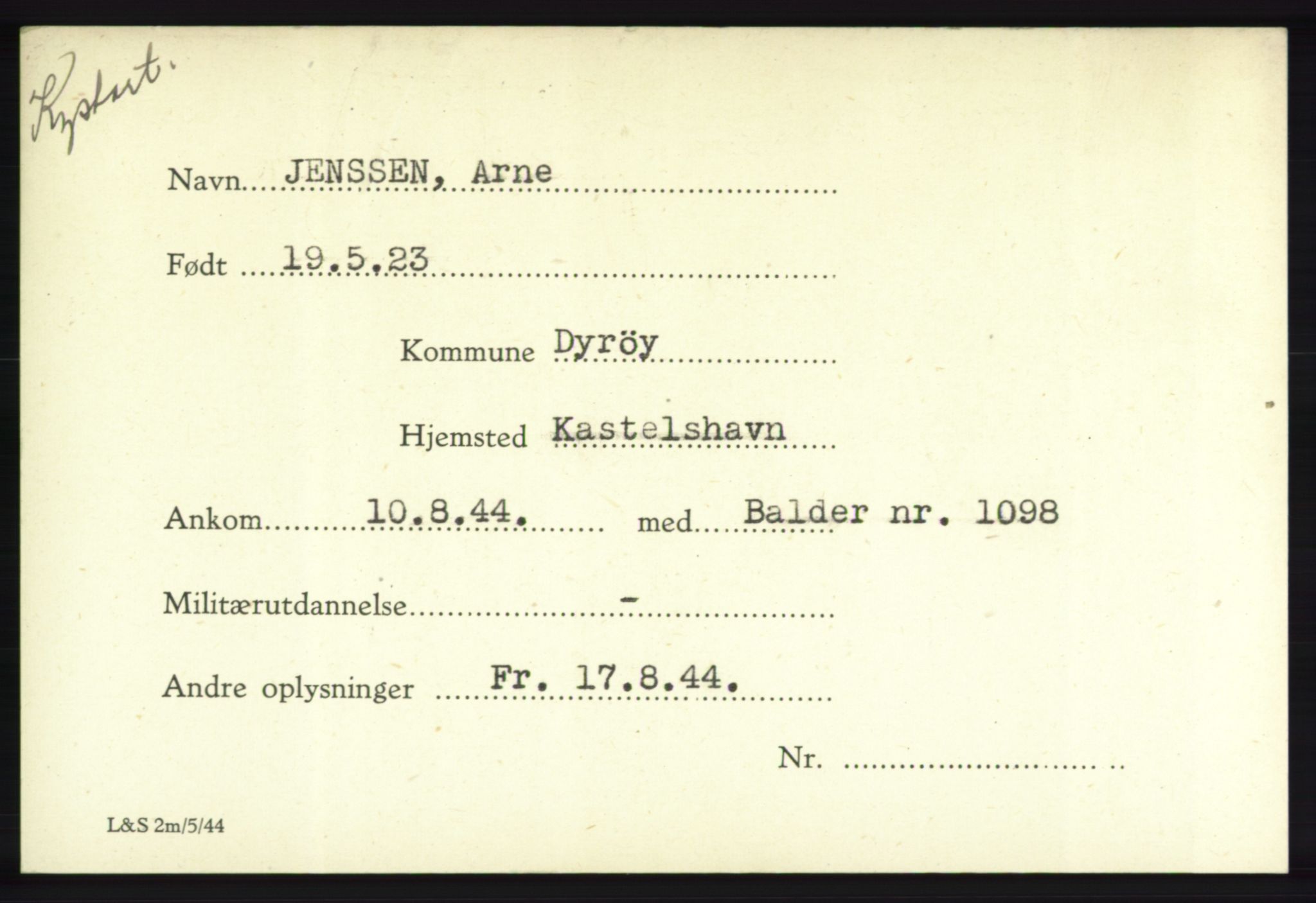 Forsvarets Overkommando. 2. kontor. Arkiv 8.1. Mottakersentralen FDE og FO.II, RA/RAFA-6952/P/Pa/L0010: Jenssen - Jøsevold , 1940-1945, s. 1