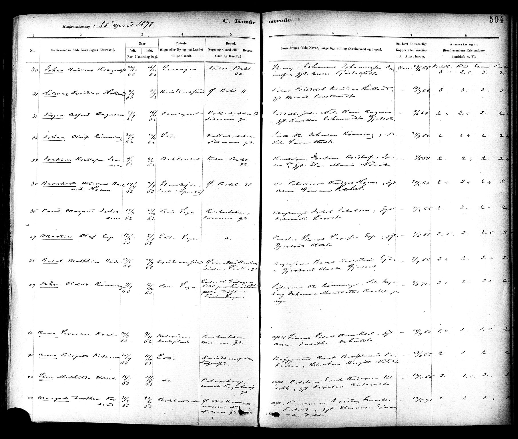 Ministerialprotokoller, klokkerbøker og fødselsregistre - Sør-Trøndelag, SAT/A-1456/604/L0188: Ministerialbok nr. 604A09, 1878-1892, s. 504