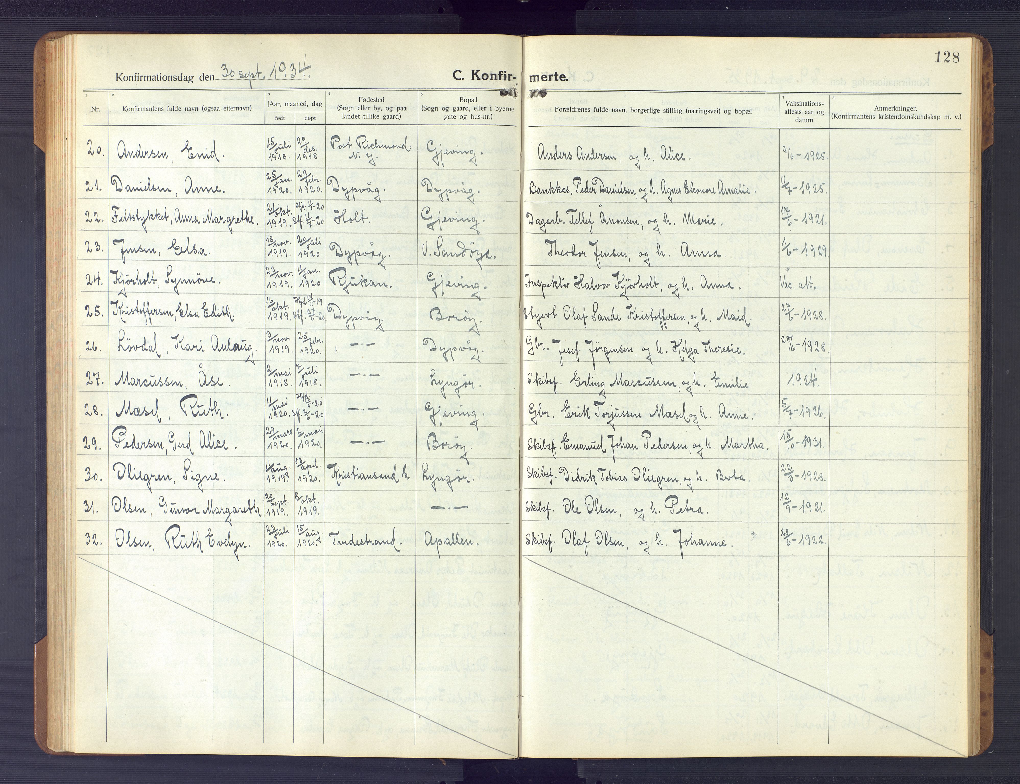 Dypvåg sokneprestkontor, AV/SAK-1111-0007/F/Fb/Fba/L0015: Klokkerbok nr. B 15, 1922-1949, s. 128