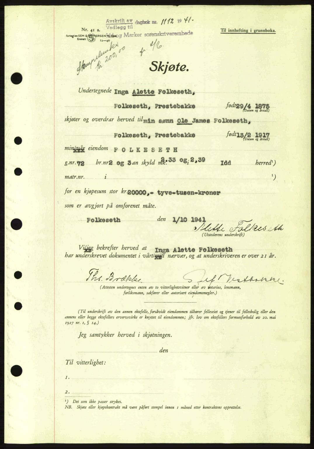 Idd og Marker sorenskriveri, AV/SAO-A-10283/G/Gb/Gbb/L0004: Pantebok nr. A4, 1940-1941, Dagboknr: 1112/1941