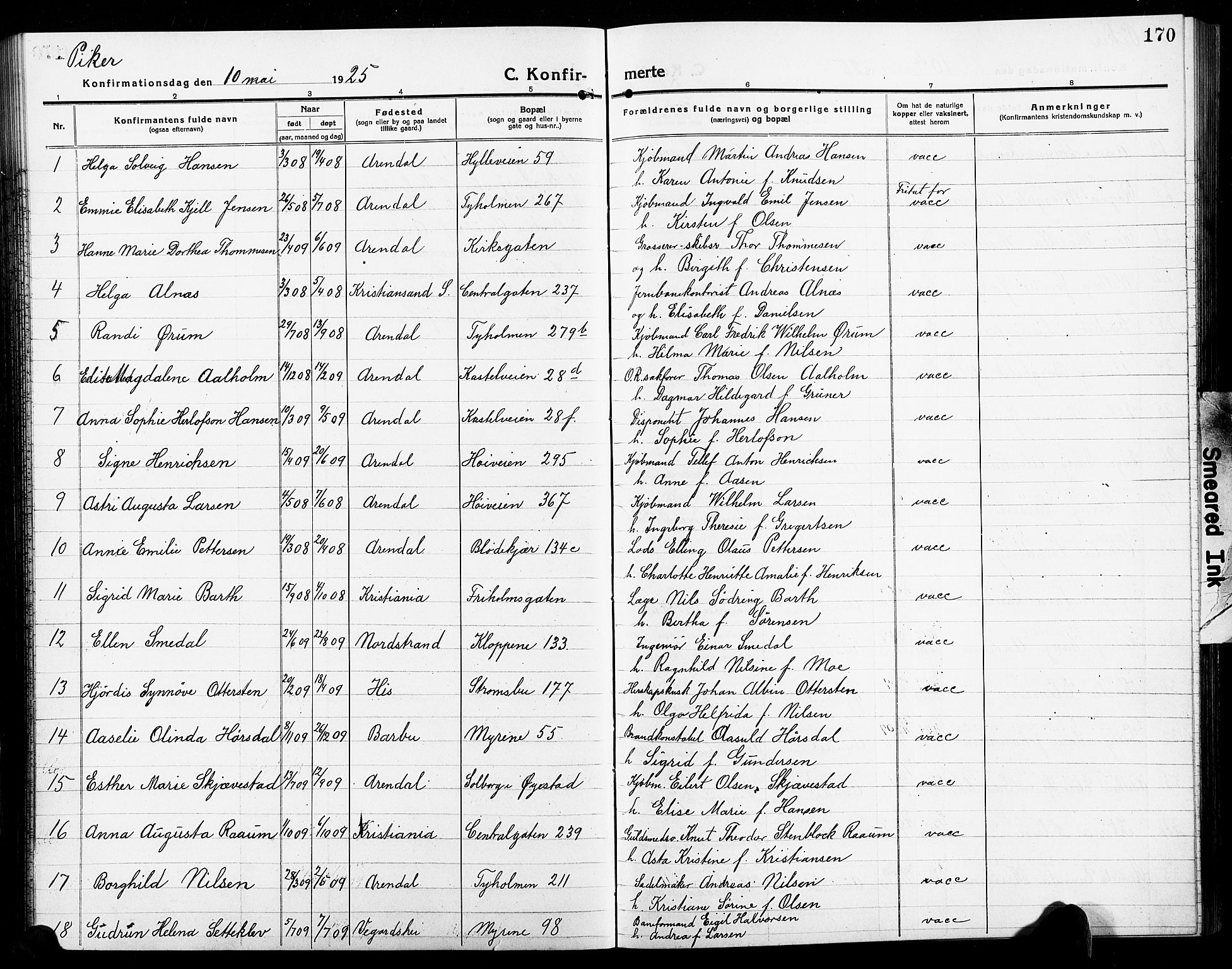 Arendal sokneprestkontor, Trefoldighet, AV/SAK-1111-0040/F/Fb/L0007: Klokkerbok nr. B 7, 1916-1927, s. 170