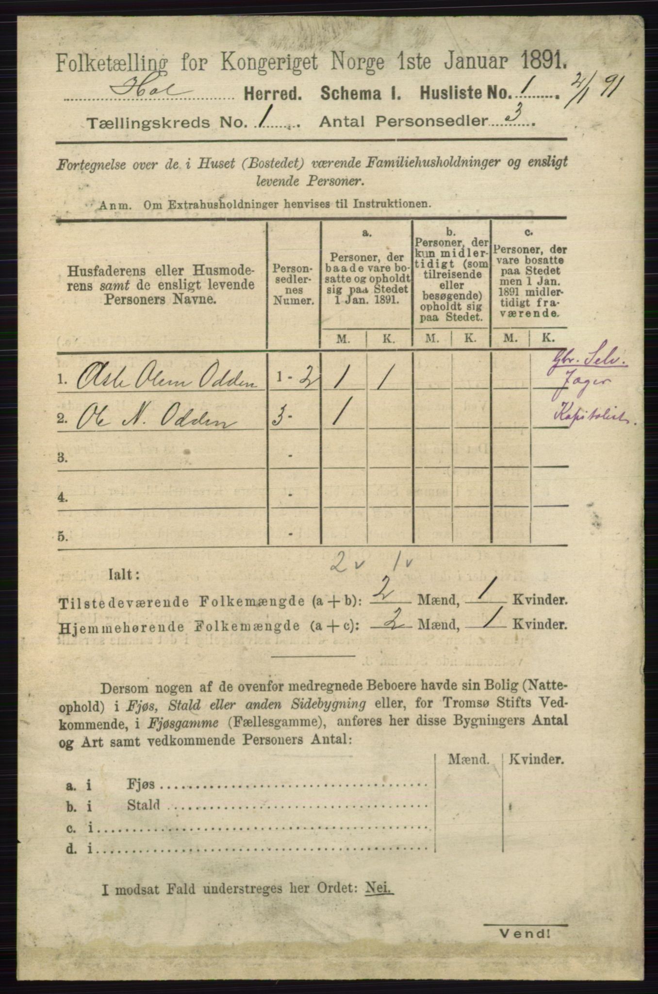 RA, Folketelling 1891 for 0620 Hol herred, 1891, s. 26