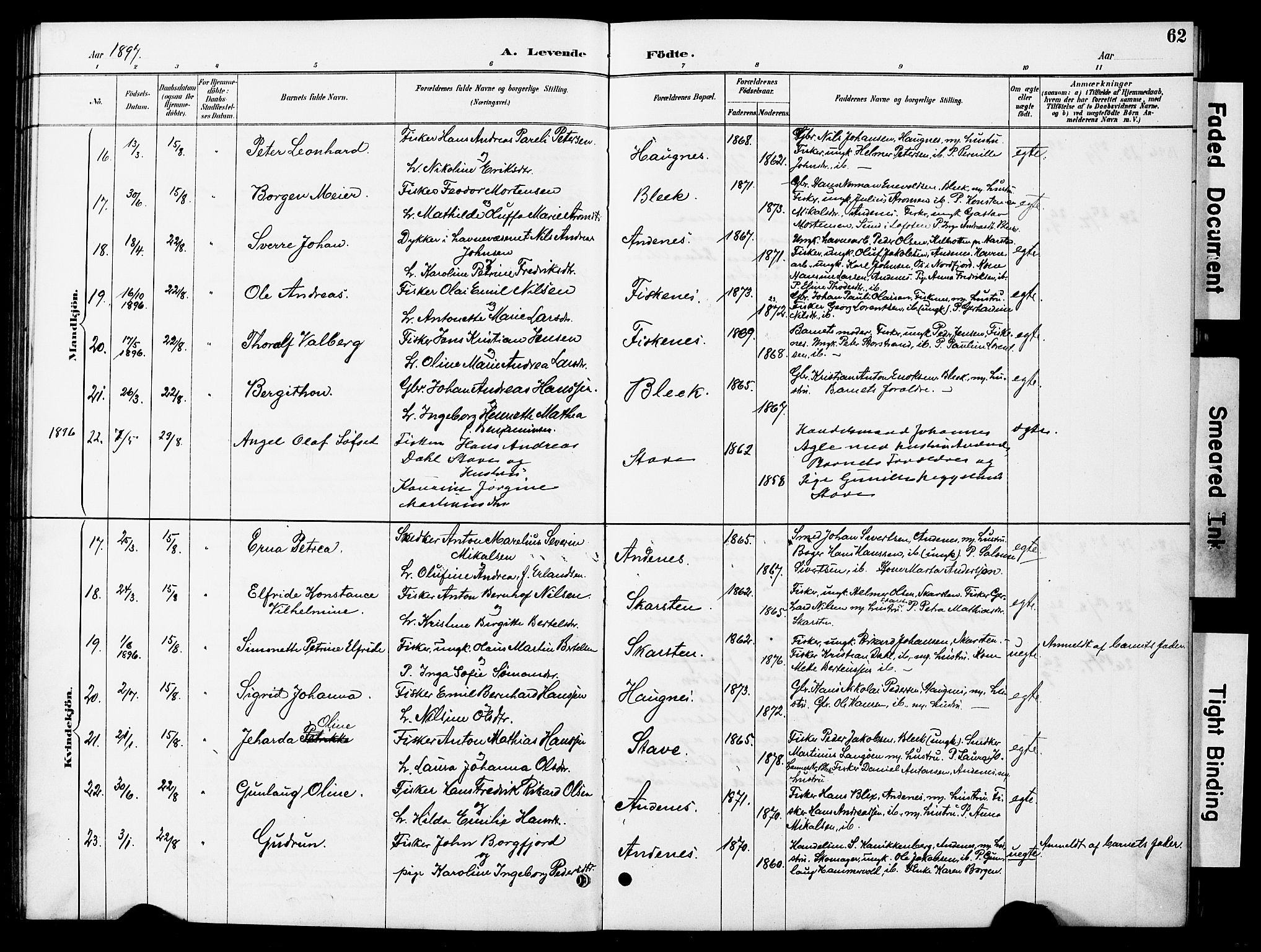 Ministerialprotokoller, klokkerbøker og fødselsregistre - Nordland, SAT/A-1459/899/L1448: Klokkerbok nr. 899C03, 1887-1902, s. 62