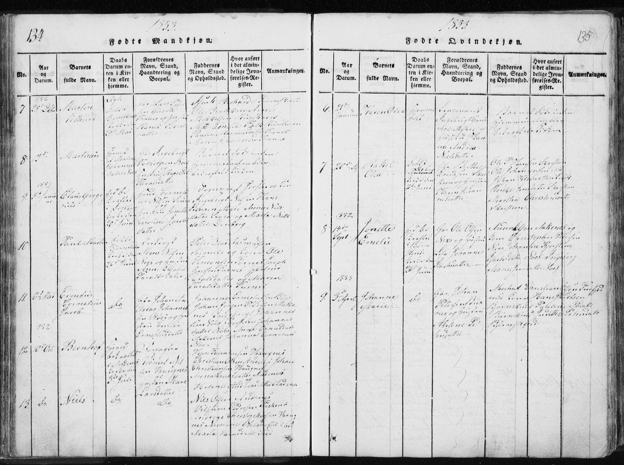 Ministerialprotokoller, klokkerbøker og fødselsregistre - Nordland, AV/SAT-A-1459/897/L1411: Klokkerbok nr. 897C01, 1820-1866, s. 134-135