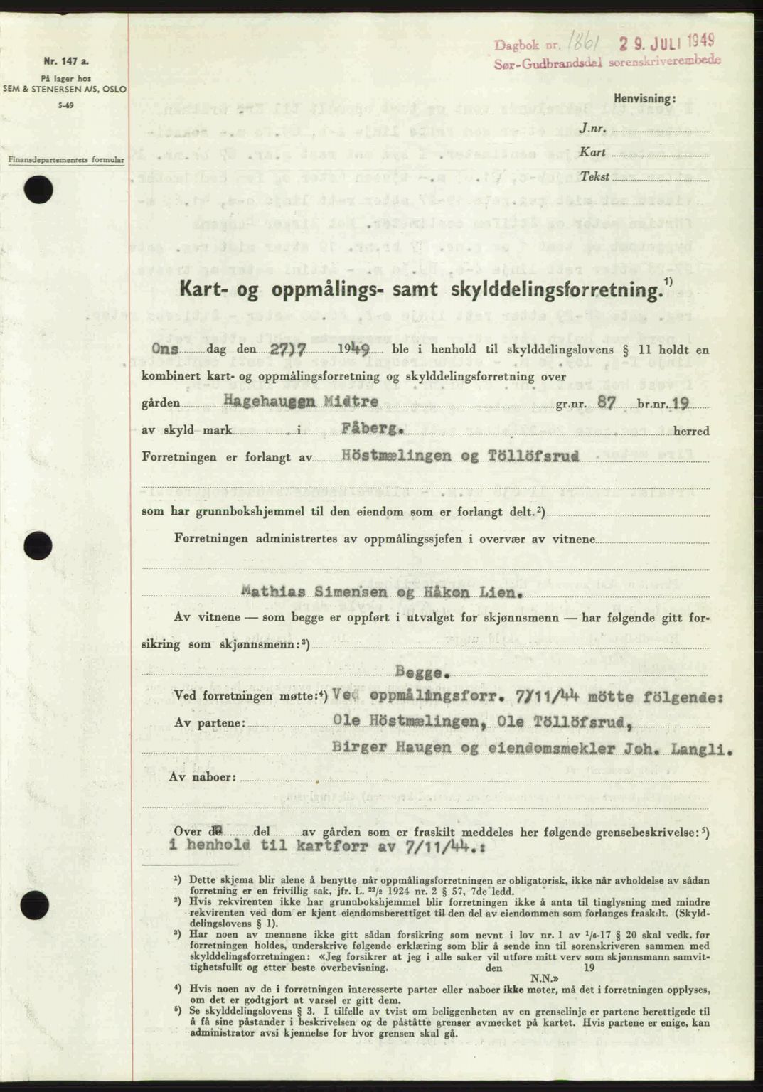 Sør-Gudbrandsdal tingrett, SAH/TING-004/H/Hb/Hbd/L0025: Pantebok nr. A25, 1949-1949, Dagboknr: 1861/1949