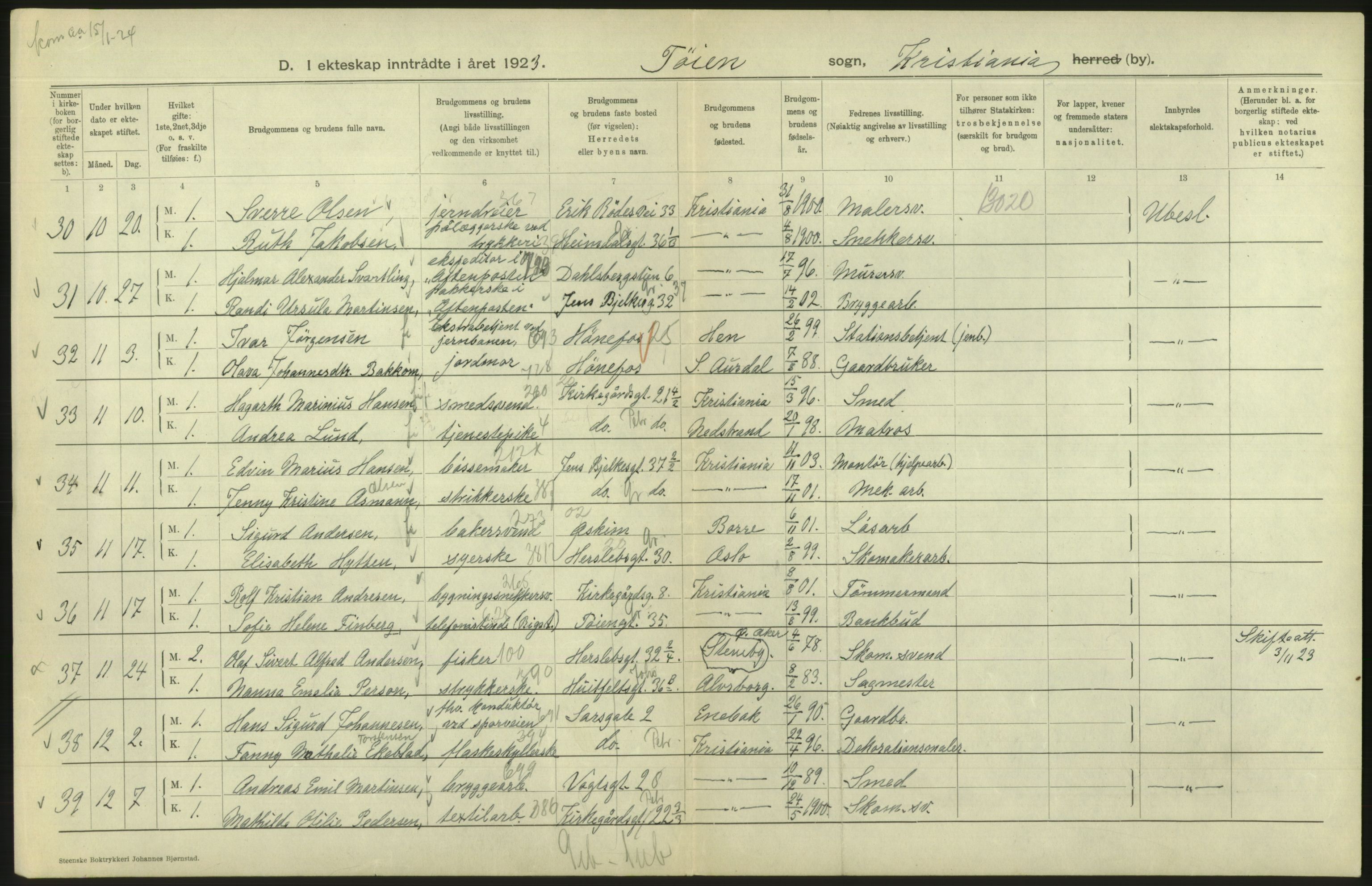 Statistisk sentralbyrå, Sosiodemografiske emner, Befolkning, AV/RA-S-2228/D/Df/Dfc/Dfcc/L0008: Kristiania: Gifte, 1923, s. 526