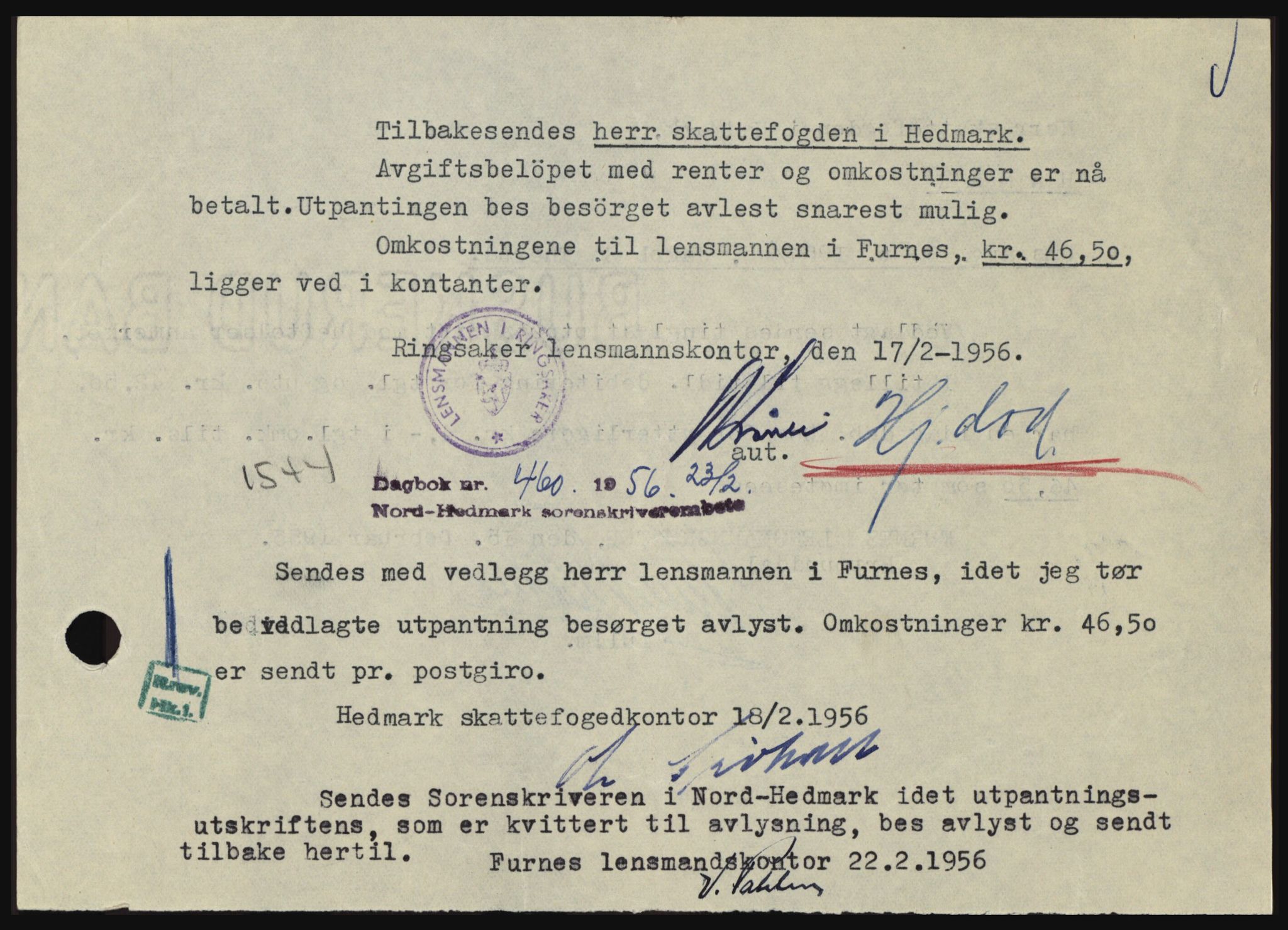 Nord-Hedmark sorenskriveri, SAH/TING-012/H/Hc/L0010: Pantebok nr. 10, 1955-1956, Dagboknr: 460/1956