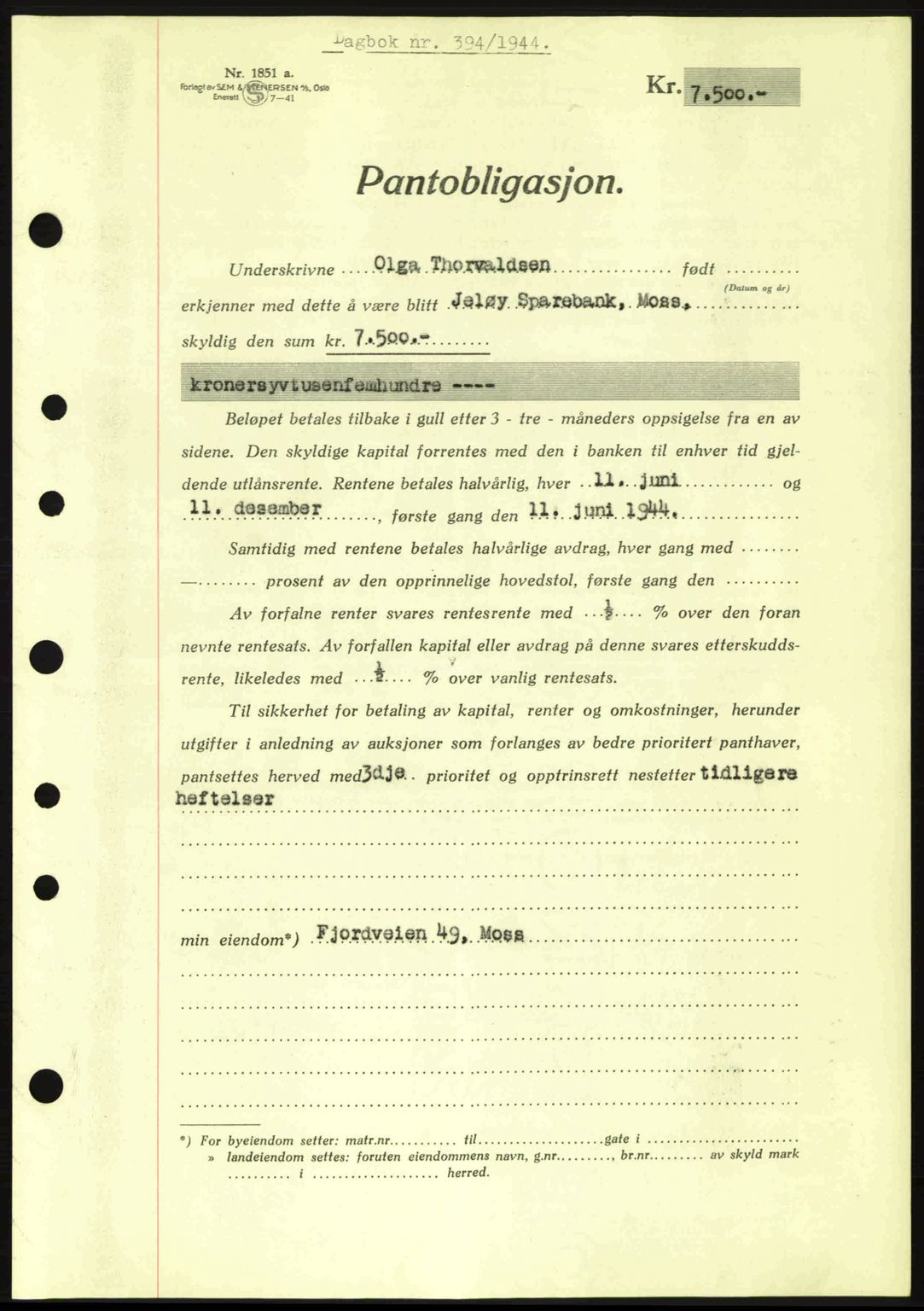 Moss sorenskriveri, SAO/A-10168: Pantebok nr. B13, 1943-1945, Dagboknr: 394/1944