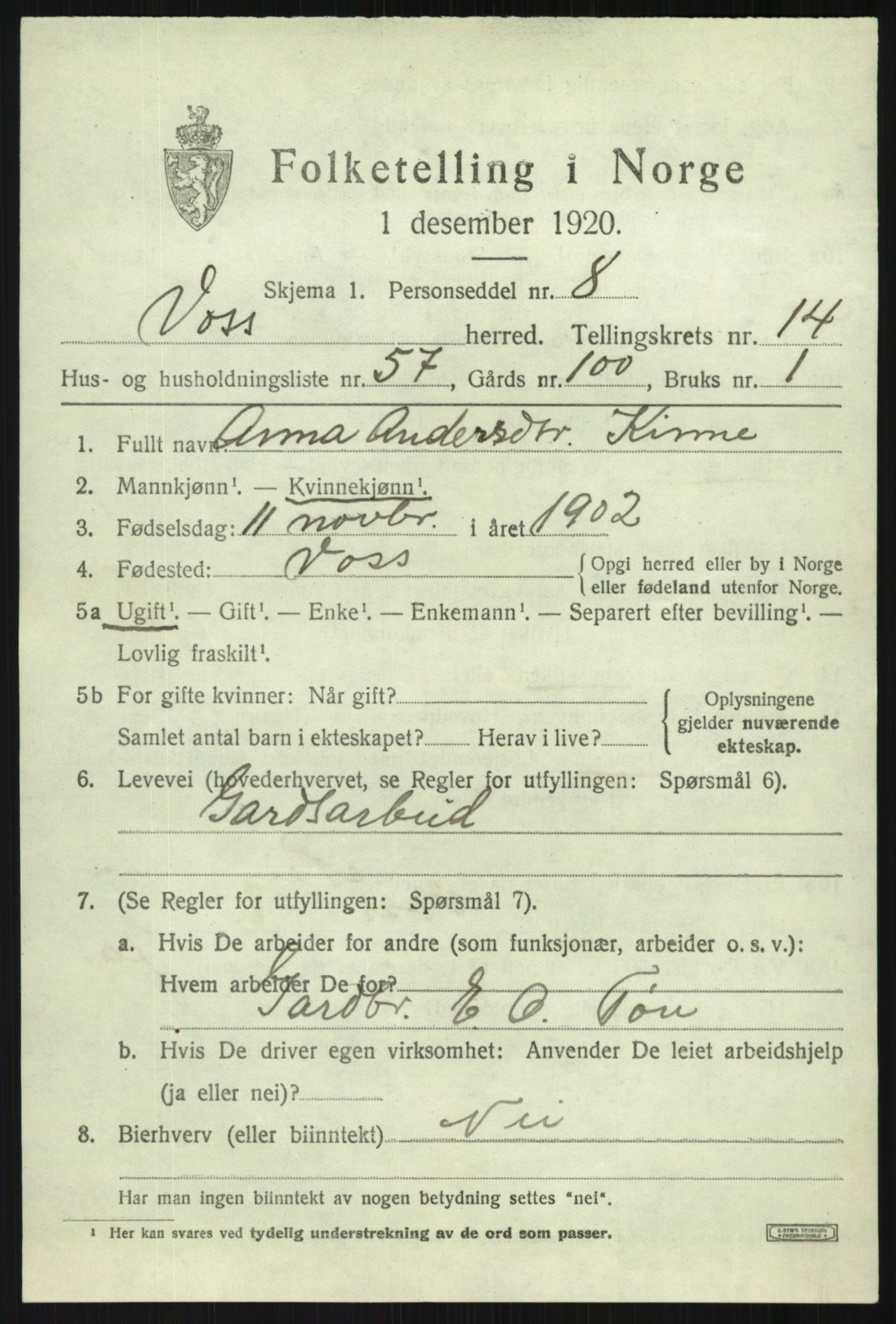 SAB, Folketelling 1920 for 1235 Voss herred, 1920, s. 12491