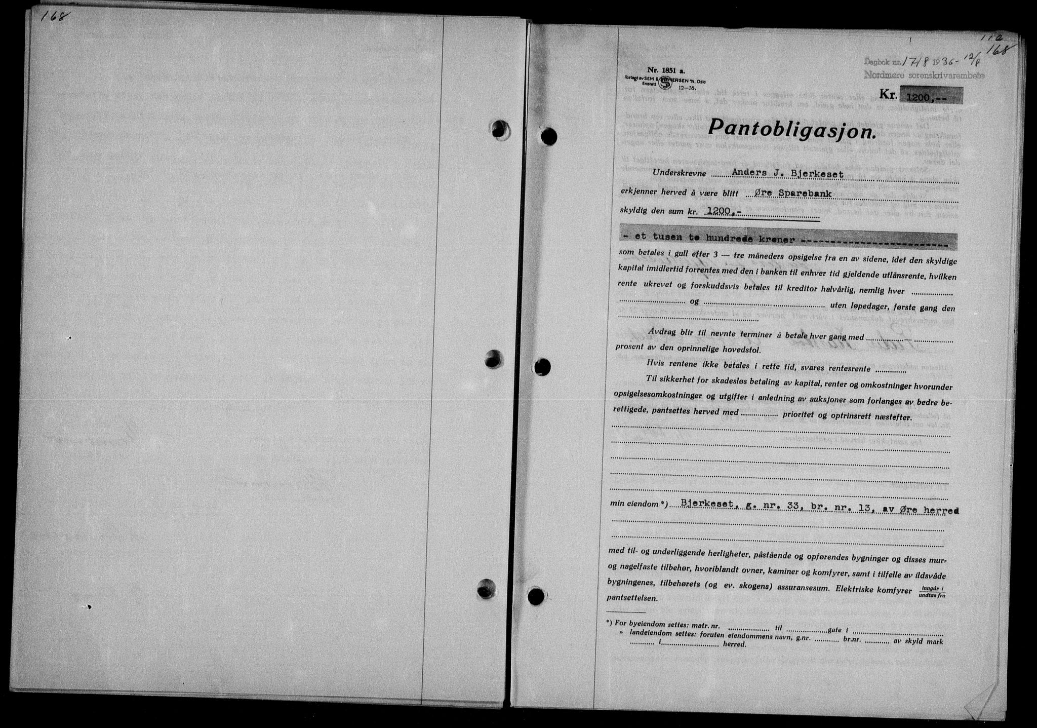 Nordmøre sorenskriveri, AV/SAT-A-4132/1/2/2Ca/L0089: Pantebok nr. 79, 1936-1936, Dagboknr: 1718/1936