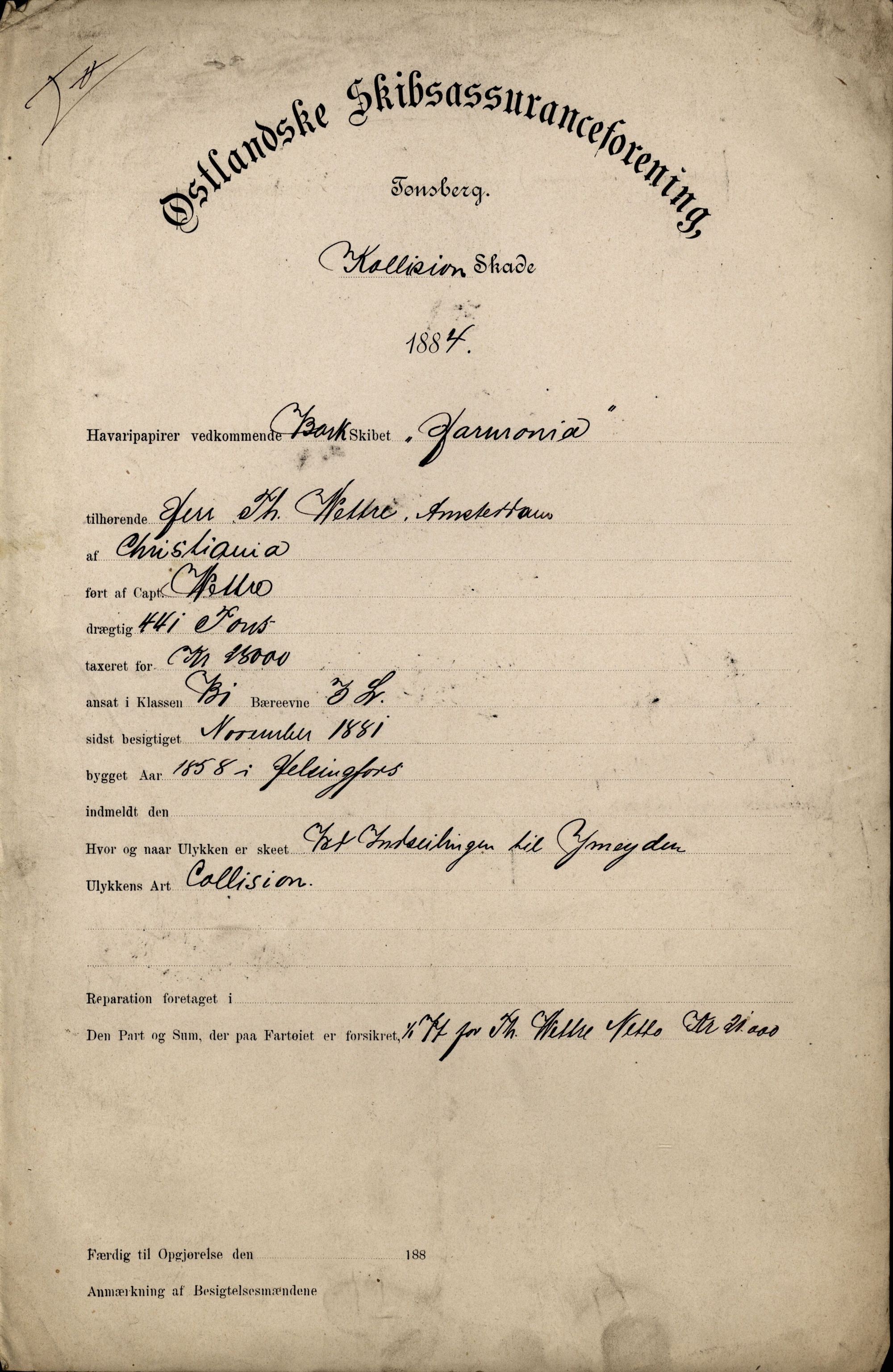 Pa 63 - Østlandske skibsassuranceforening, VEMU/A-1079/G/Ga/L0017/0014: Havaridokumenter / Petrus, Vera, Venus, Iphigenia, Jarlsberg, Harmonia, 1884, s. 84