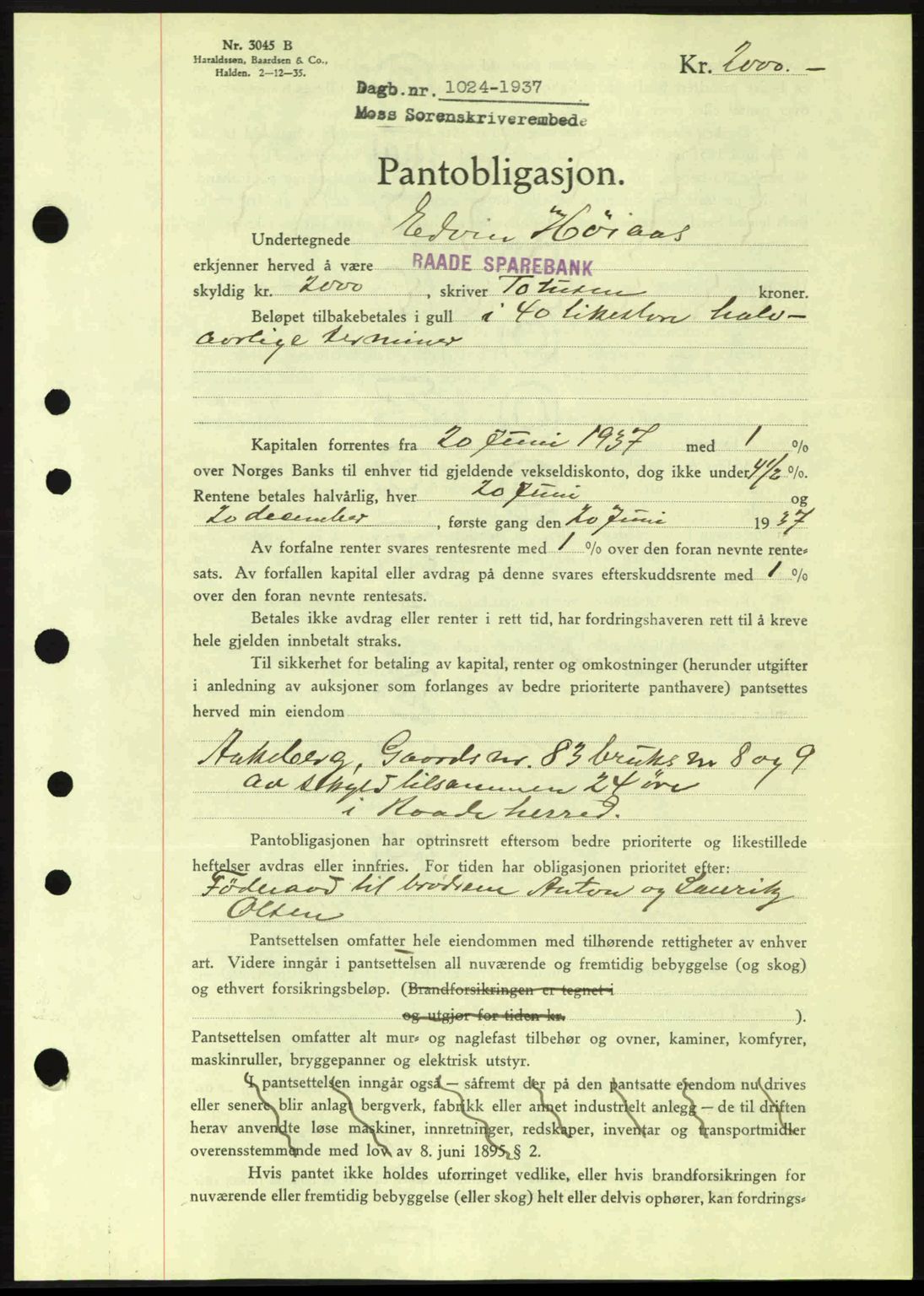 Moss sorenskriveri, SAO/A-10168: Pantebok nr. B3, 1937-1937, Dagboknr: 1024/1937