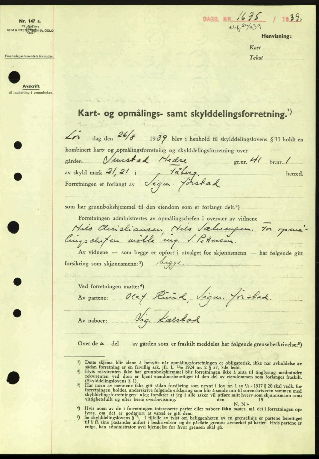 Sør-Gudbrandsdal tingrett, SAH/TING-004/H/Hb/Hbd/L0006: Pantebok nr. A6, 1939-1939, Dagboknr: 1695/1939