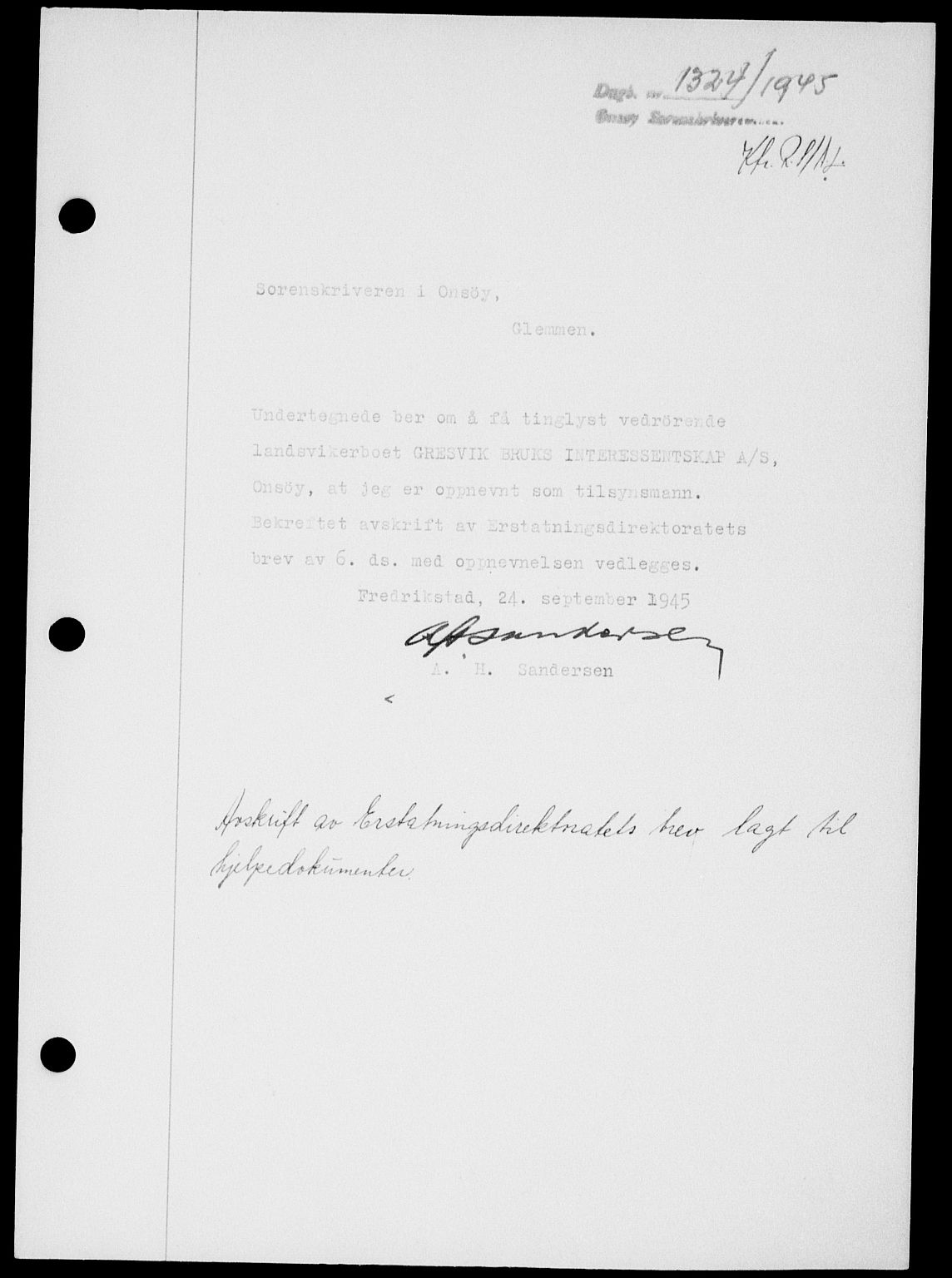 Onsøy sorenskriveri, SAO/A-10474/G/Ga/Gab/L0015: Pantebok nr. II A-15, 1945-1946, Dagboknr: 1324/1945