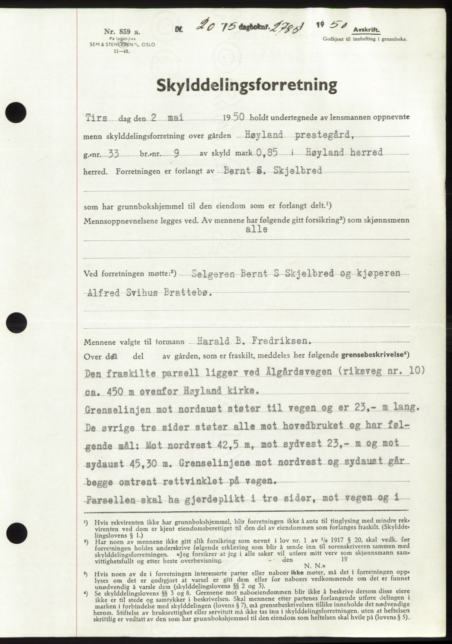 Jæren sorenskriveri, SAST/A-100310/03/G/Gba/L0107: Pantebok, 1950-1950, Dagboknr: 2785/1950